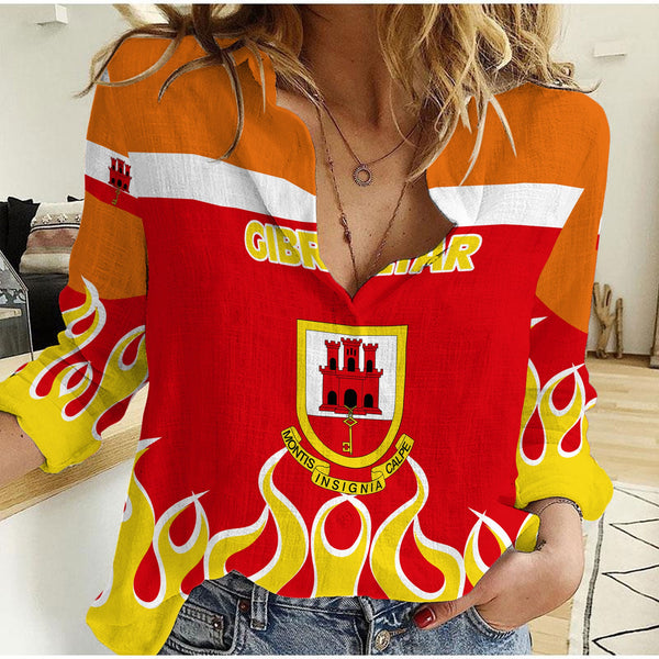 Gibraltar Women Casual Shirt Flag & Coat Of Arms Fire Hockey Style