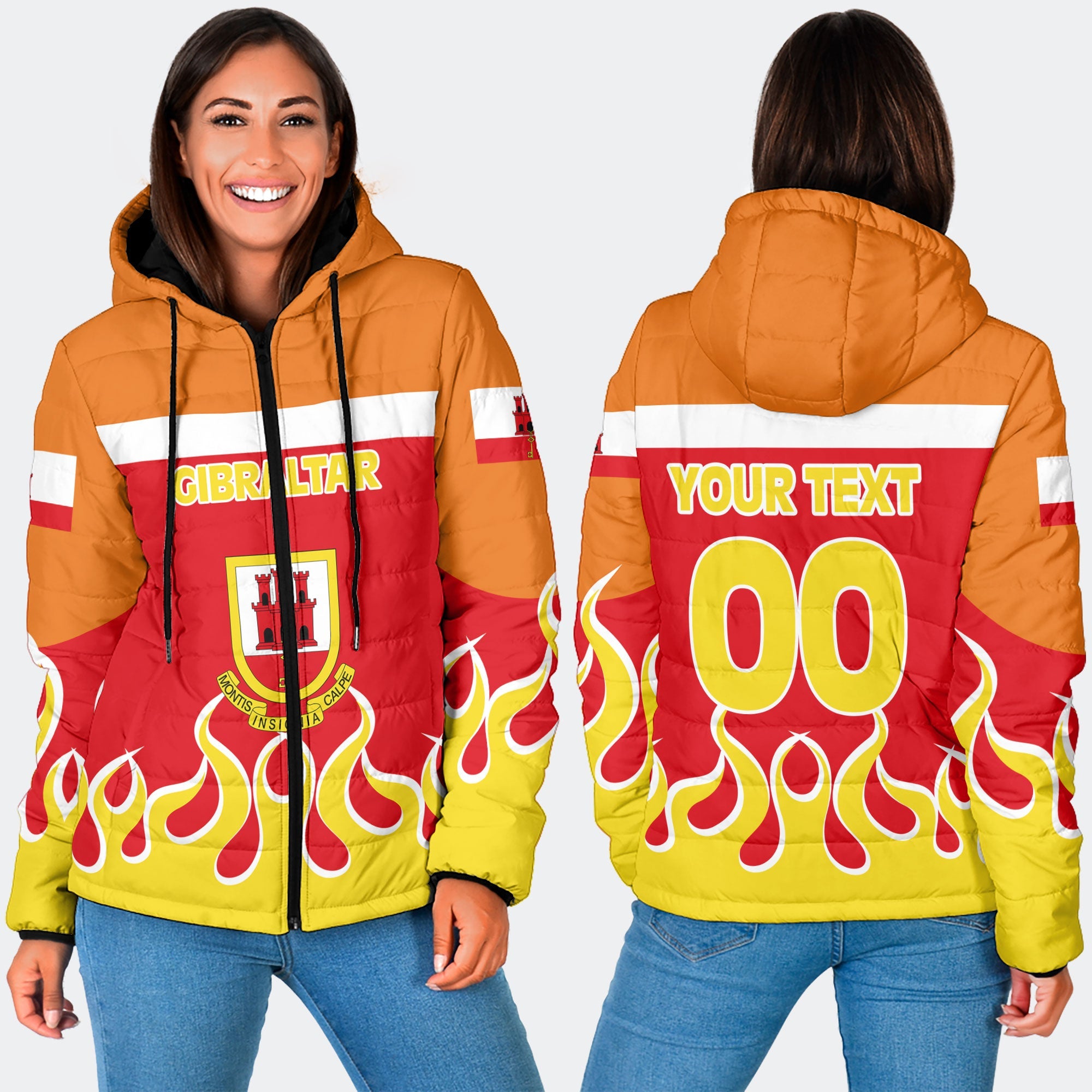 Gibraltar Women Hooded Padded Jacket Flag & Coat Of Arms Fire Hockey Style