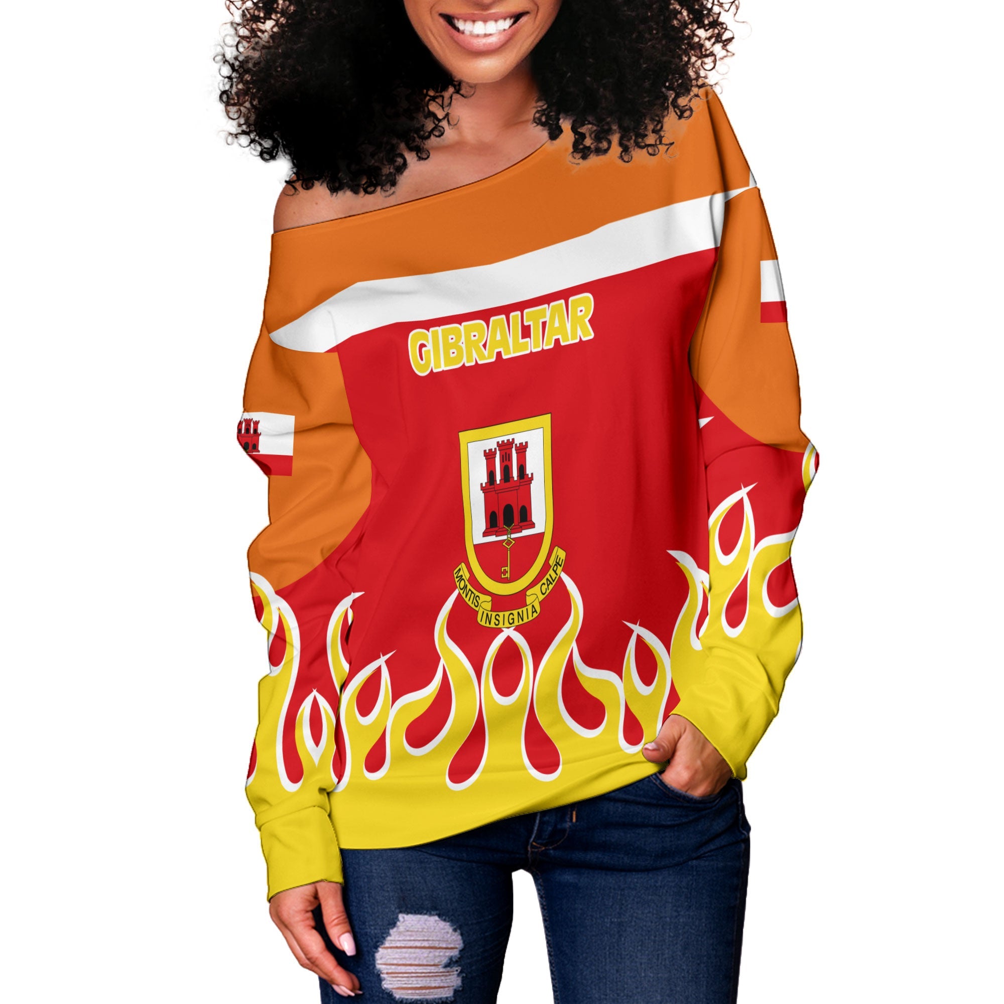 Gibraltar Women Off Shoulder Sweatshirt Flag & Coat Of Arms Fire Hockey Style