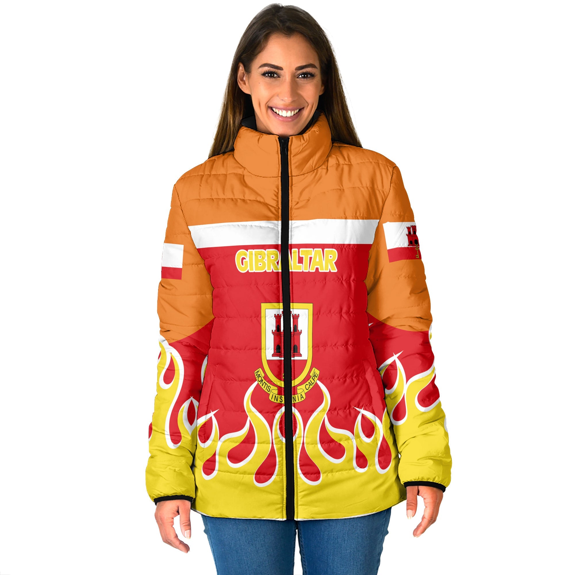 Gibraltar Women Padded Jacket Flag & Coat Of Arms Fire Hockey Style