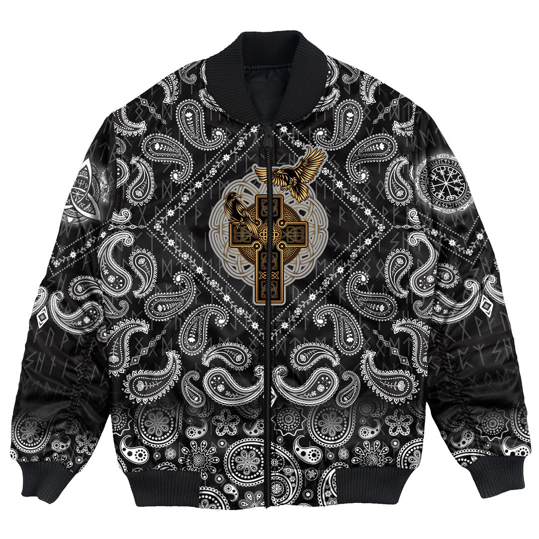 Viking Bomber Jacket Golden Reven Cross with Bandana Paisley Style