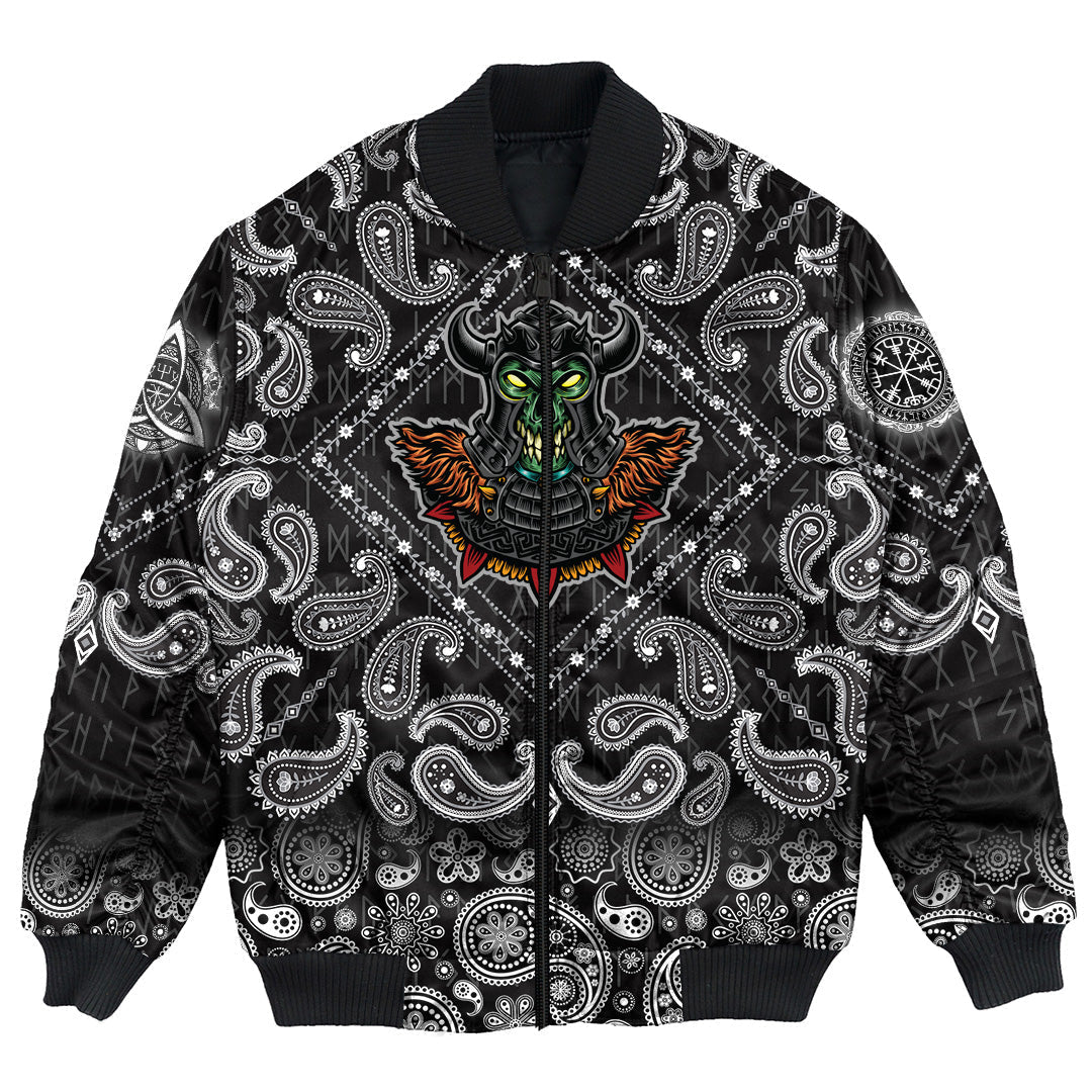 Viking Bomber Jacket Green Demon With Horn Metal Helmet with Bandana Paisley Style