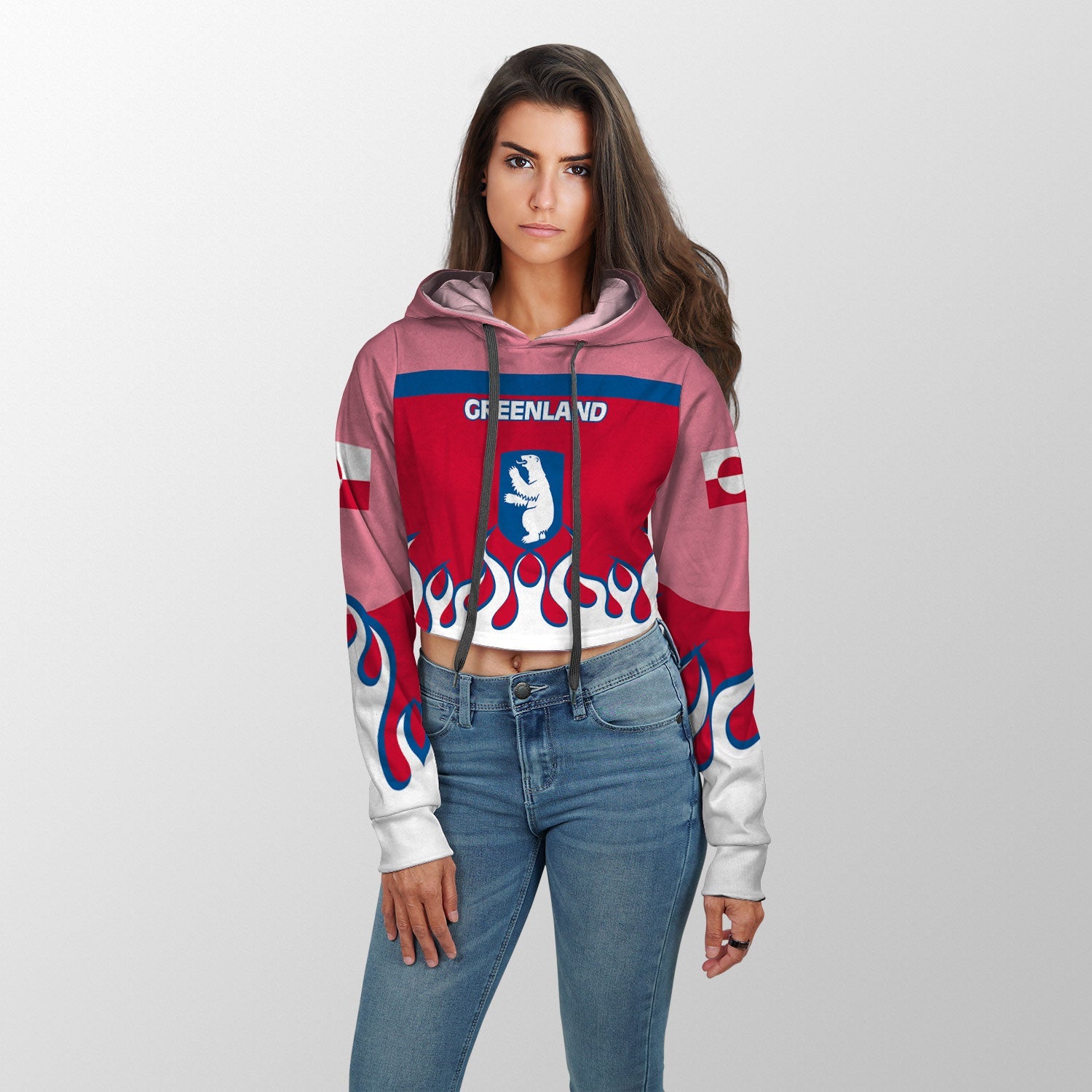 Greenland Crop Hoodie Flag & Coat Of Arms Fire Hockey Style