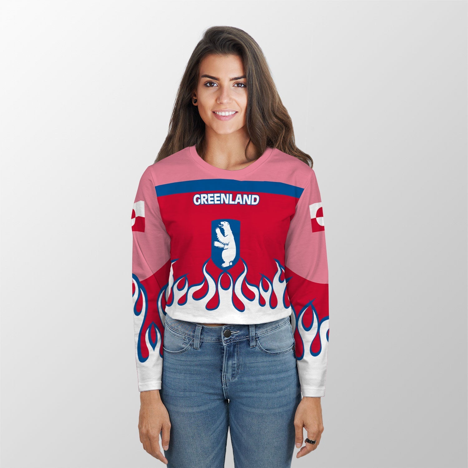 Greenland Crop Top Long TShirt Flag & Coat Of Arms Fire Hockey Style