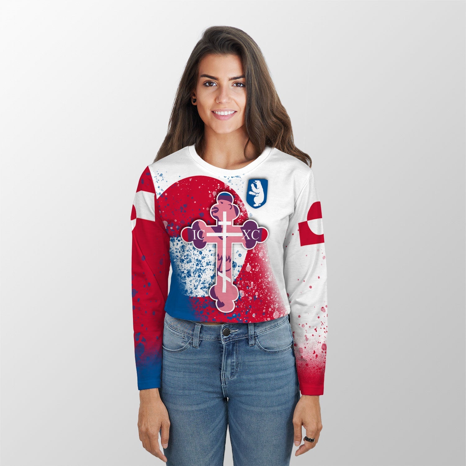 Greenland Crop Top Long TShirt Flag & Coat Of Arms Orthodox Style