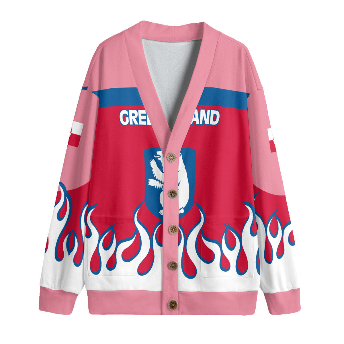 Greenland Fleece Cardigan Flag & Coat Of Arms Fire Hockey Style