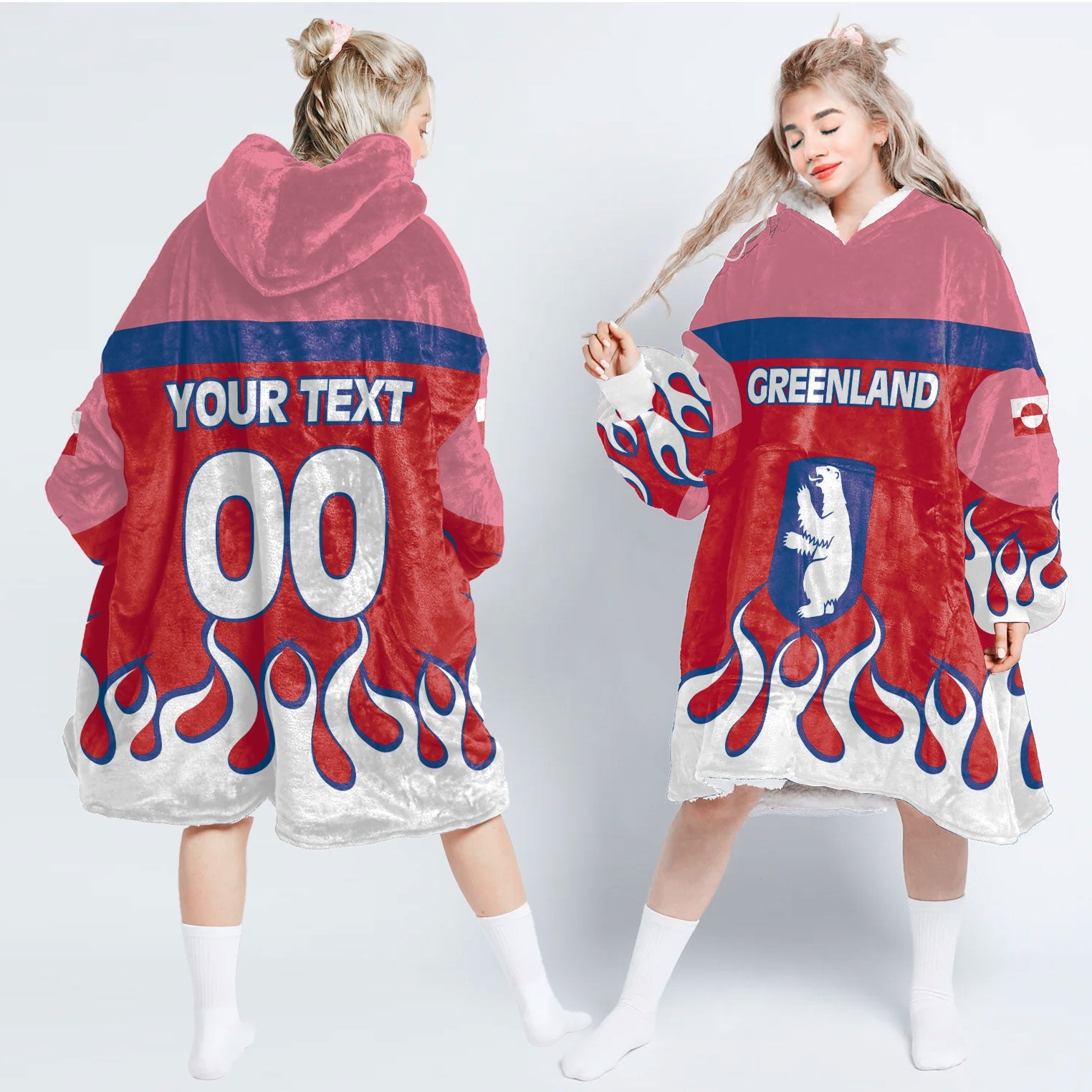 Greenland Snug Hoodie Flag & Coat Of Arms Fire Hockey Style