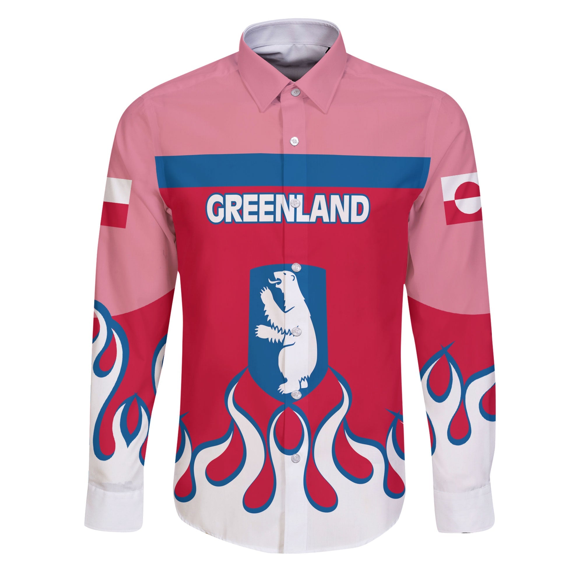 Greenland Long Sleeve Button Shirt Flag & Coat Of Arms Fire Hockey Style