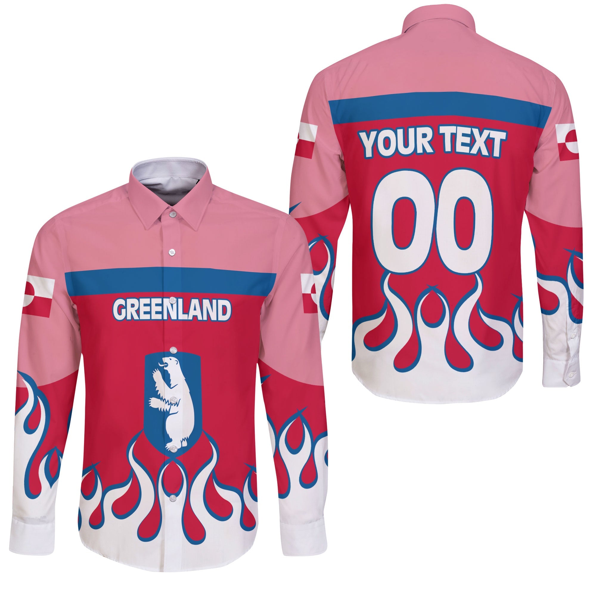 Greenland Long Sleeve Button Shirt Flag & Coat Of Arms Fire Hockey Style