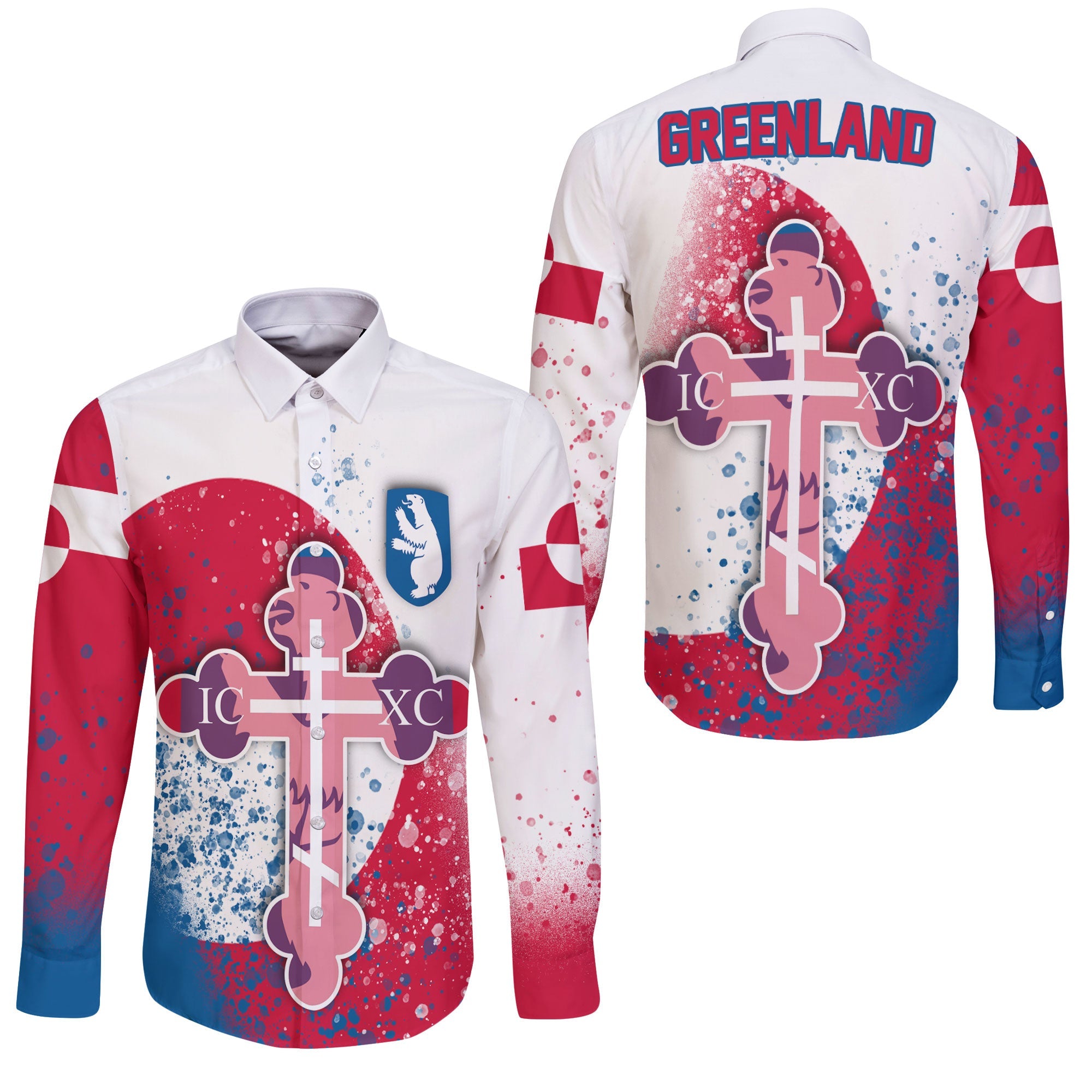 Greenland Long Sleeve Button Shirt Flag & Coat Of Arms Orthodox Style