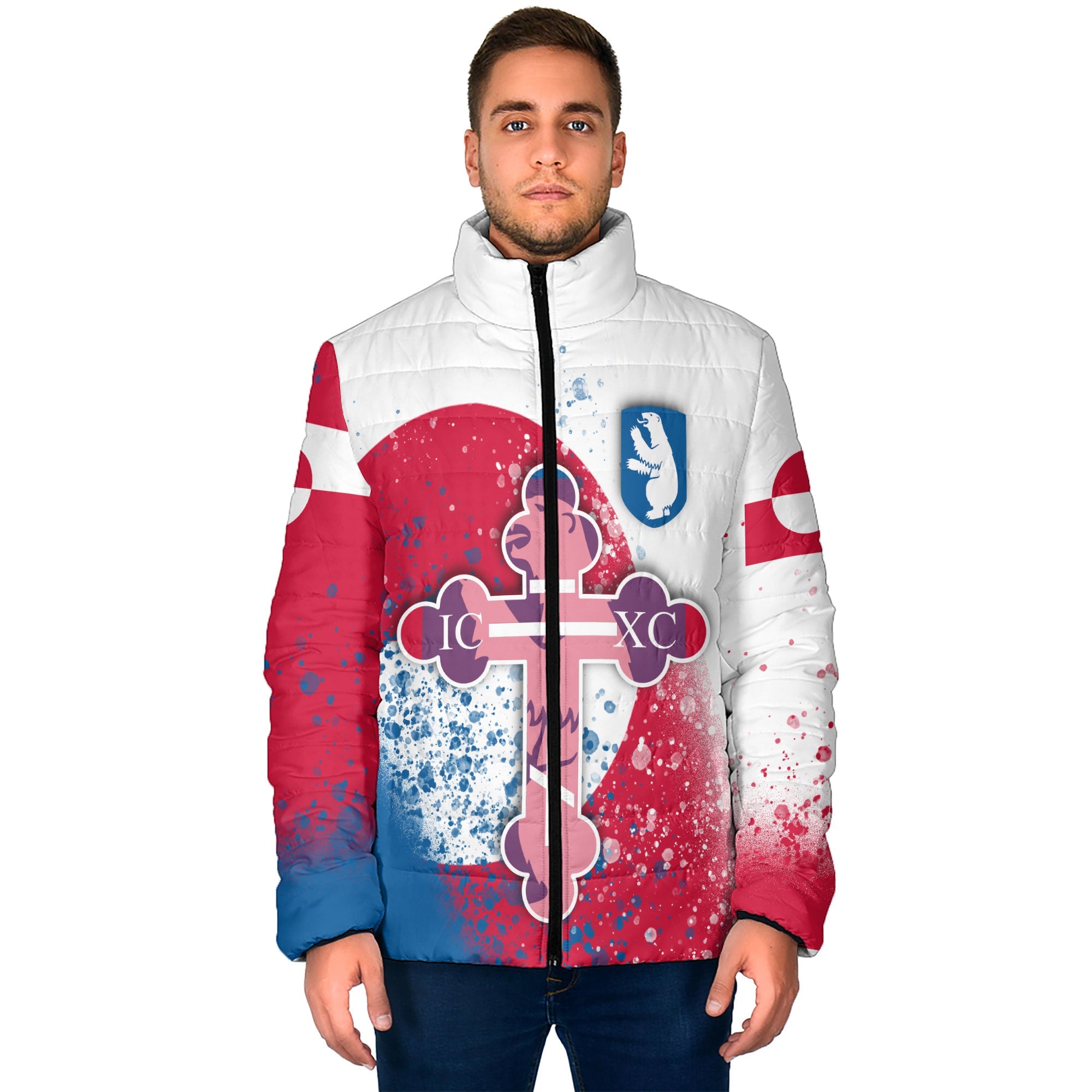 Greenland Men Padded Jacket Flag & Coat Of Arms Orthodox Style