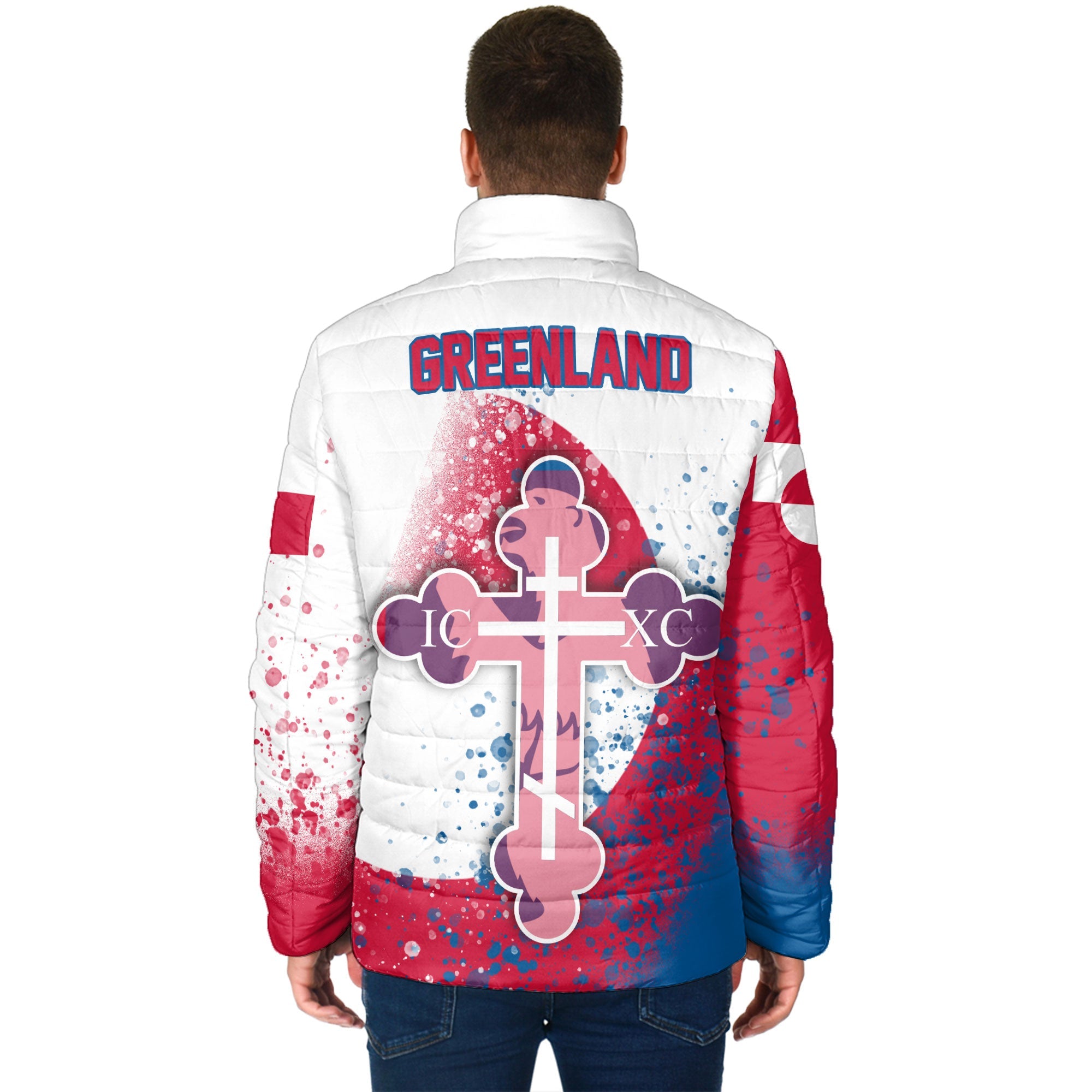 Greenland Men Padded Jacket Flag & Coat Of Arms Orthodox Style