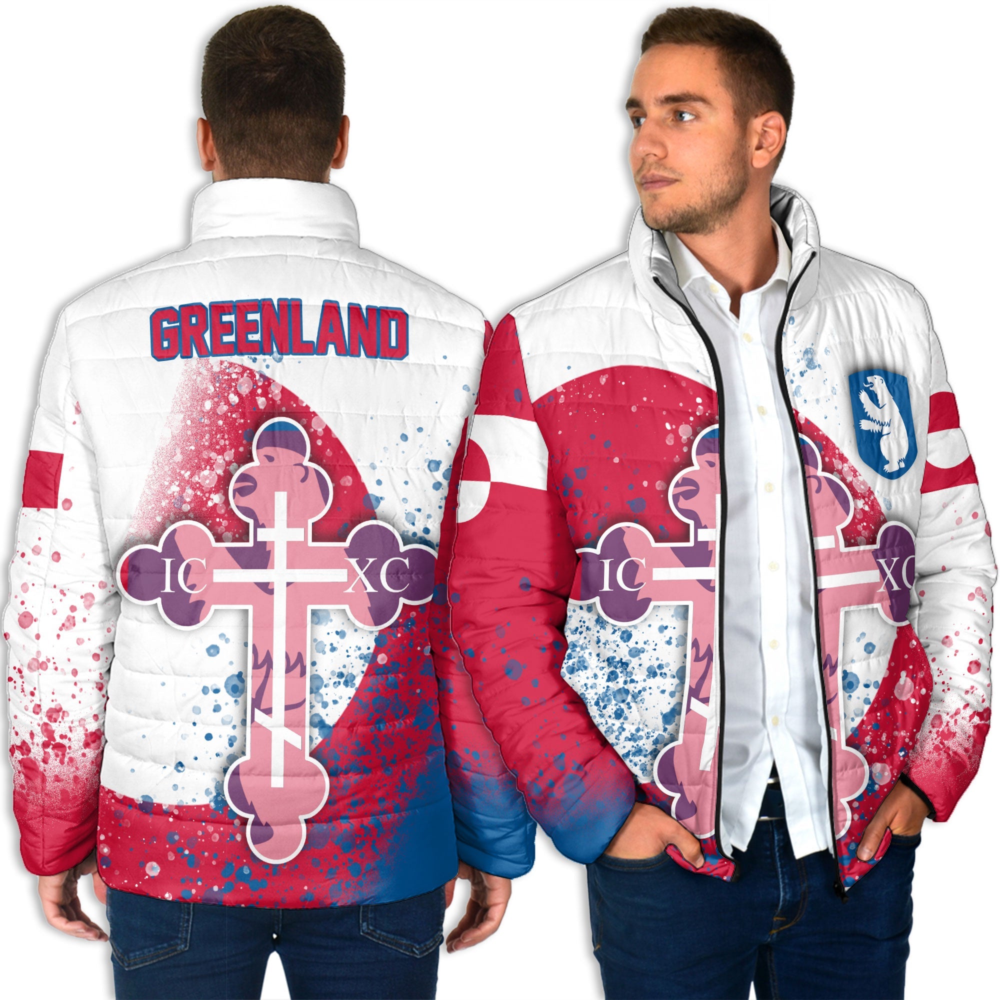 Greenland Men Padded Jacket Flag & Coat Of Arms Orthodox Style