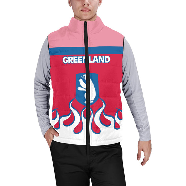 Greenland Men Padded Jacket Vest Flag & Coat Of Arms Fire Hockey Style