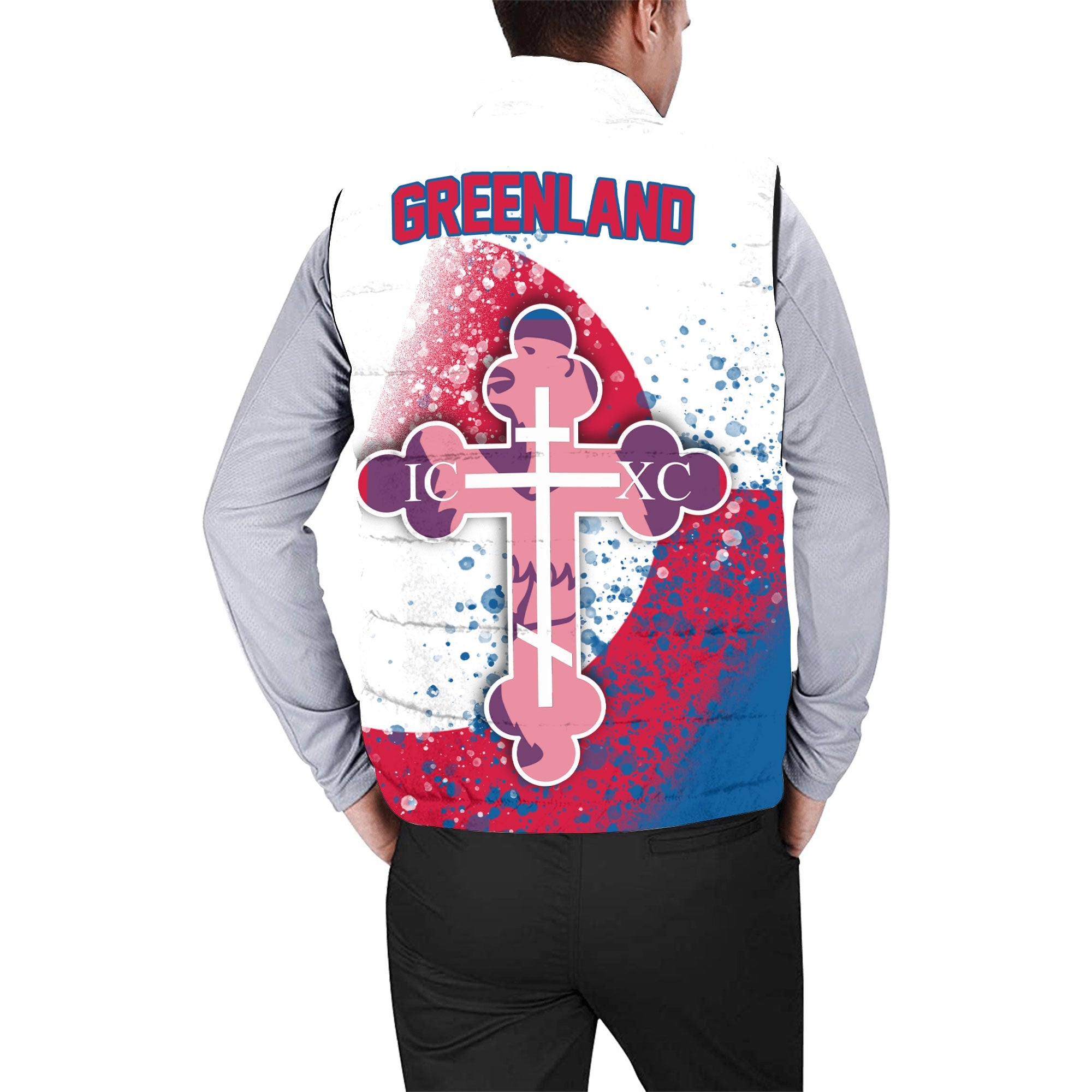 Greenland Men Padded Jacket Vest Flag & Coat Of Arms Orthodox Style