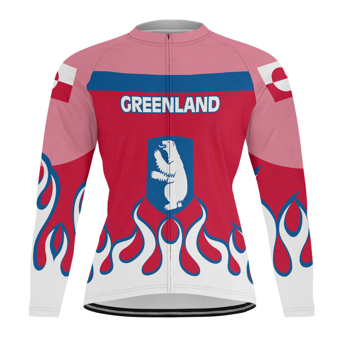 Greenland Men's Cycling Jersey Long Sleeve Flag & Coat Of Arms Fire Hockey Style