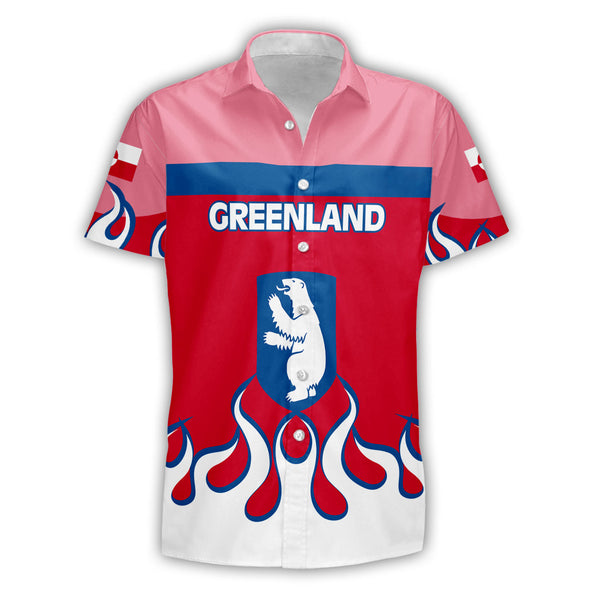 Greenland Short Sleeve Shirt Flag & Coat Of Arms Fire Hockey Style