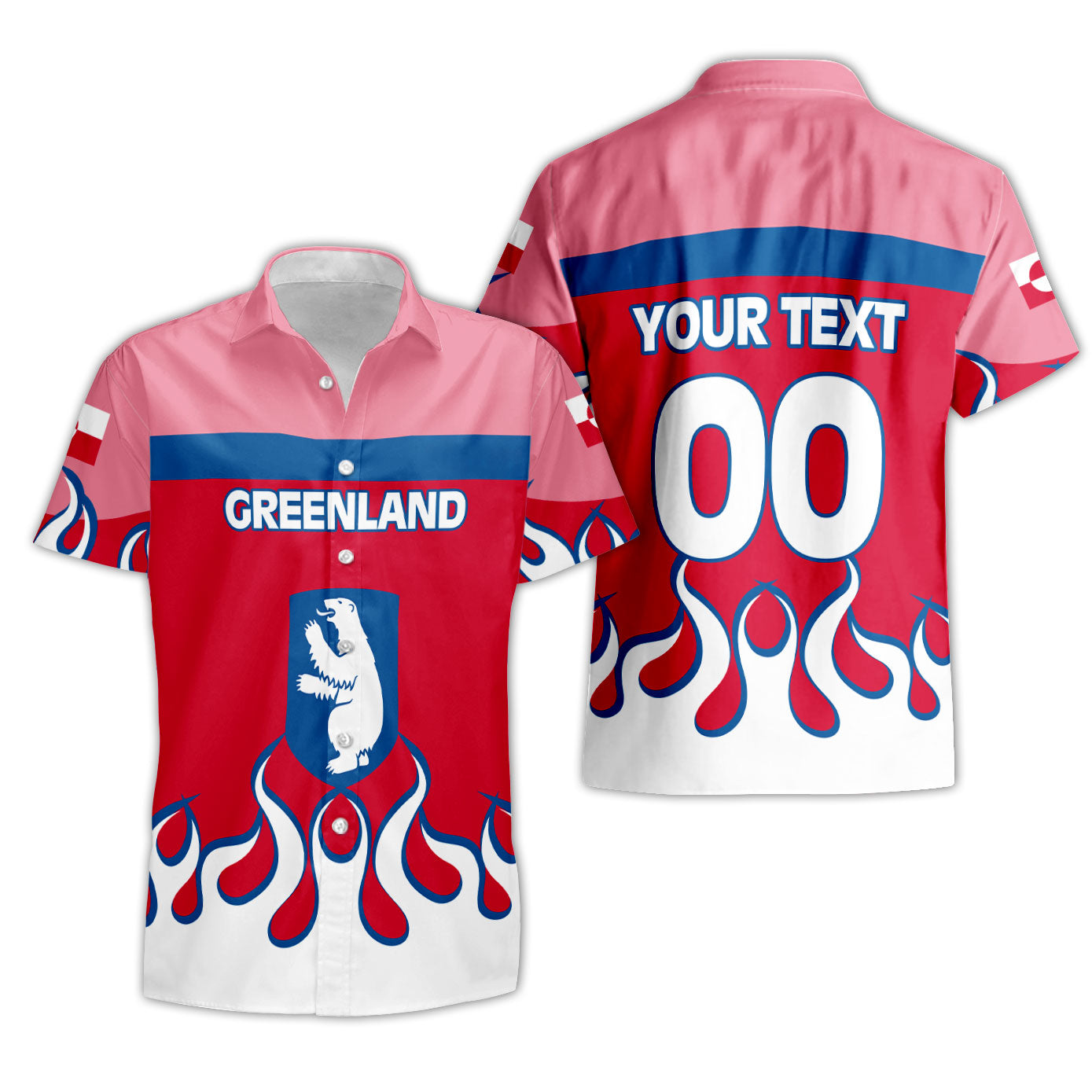 Greenland Short Sleeve Shirt Flag & Coat Of Arms Fire Hockey Style