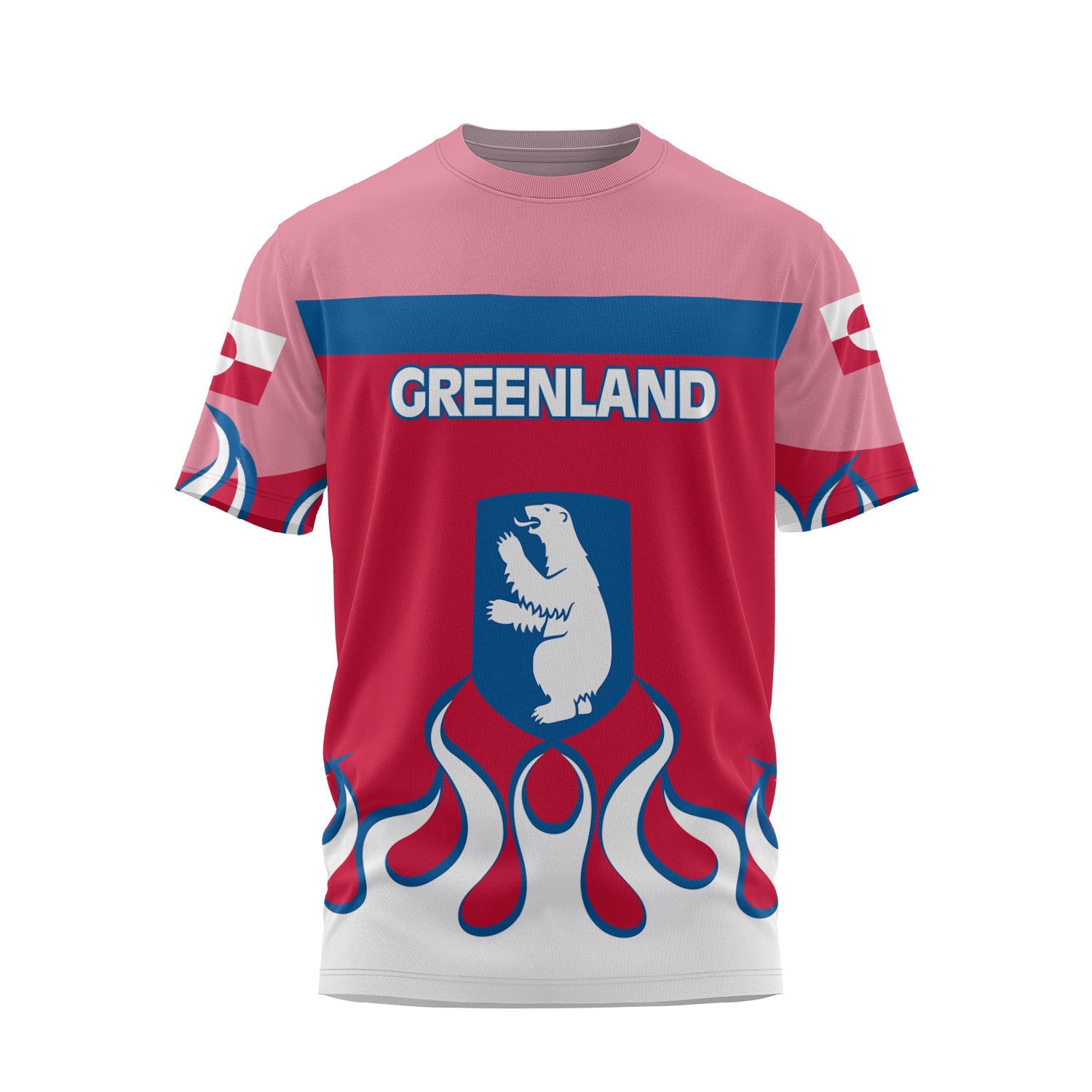 Greenland T Shirt Flag & Coat Of Arms Fire Hockey Style