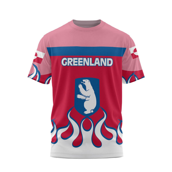 Greenland T Shirt Flag & Coat Of Arms Fire Hockey Style