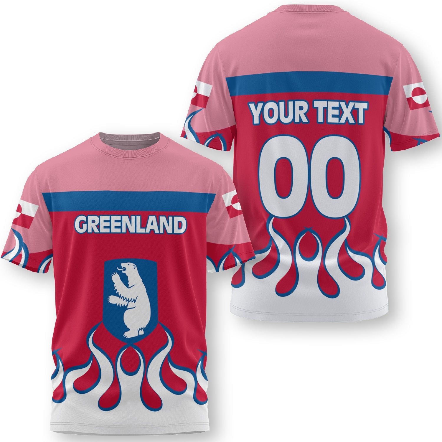 Greenland T Shirt Flag & Coat Of Arms Fire Hockey Style