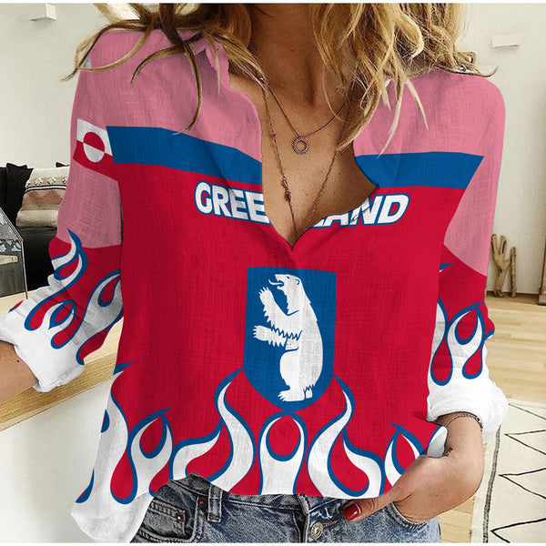 Greenland Women Casual Shirt Flag & Coat Of Arms Fire Hockey Style