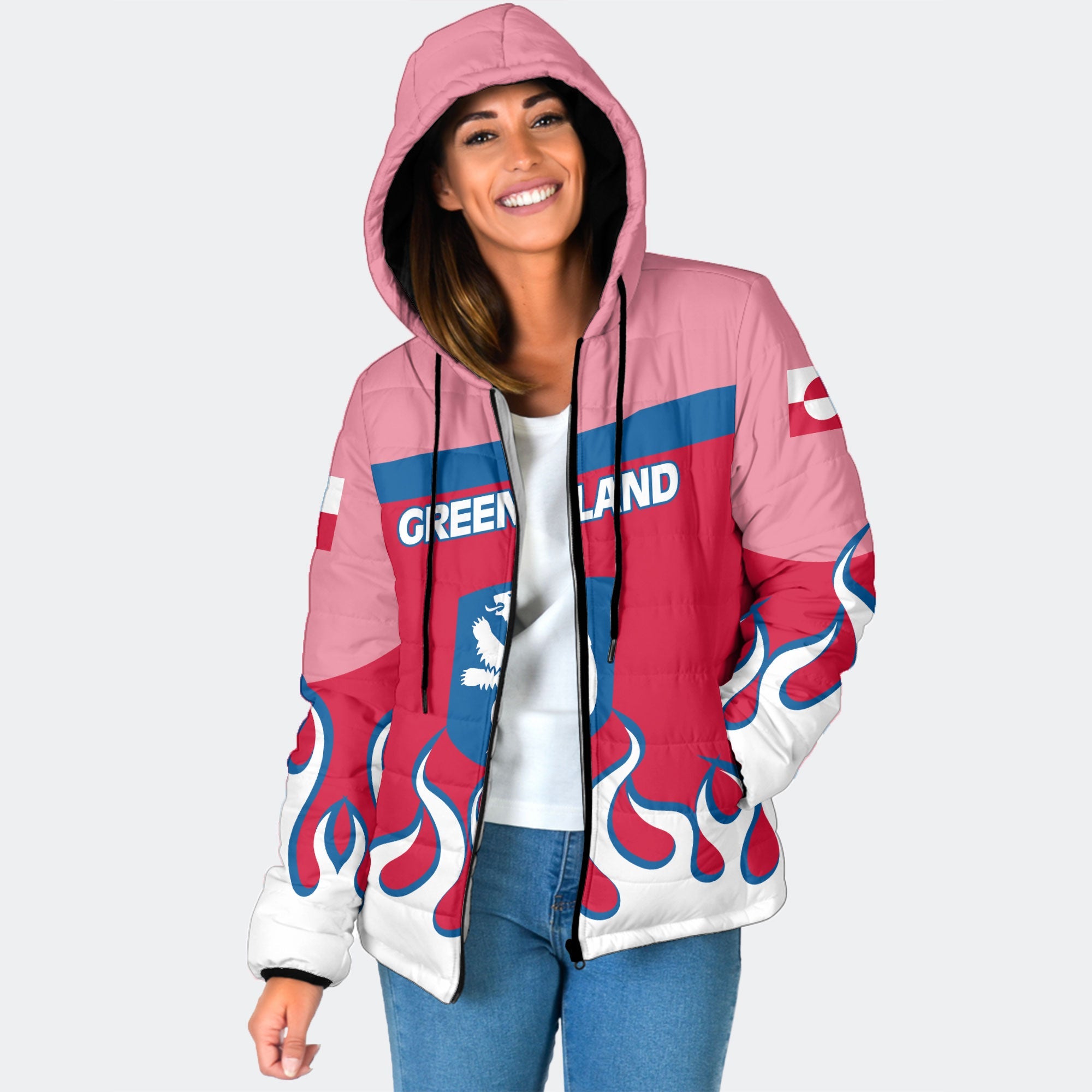 Greenland Women Hooded Padded Jacket Flag & Coat Of Arms Fire Hockey Style