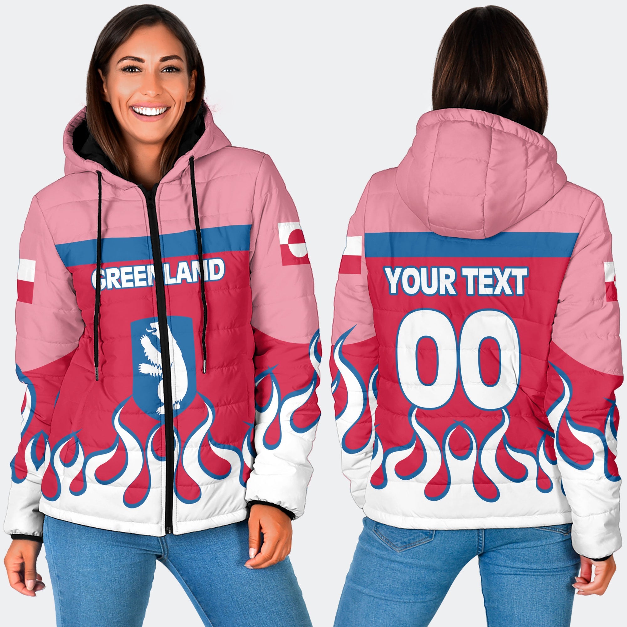 Greenland Women Hooded Padded Jacket Flag & Coat Of Arms Fire Hockey Style