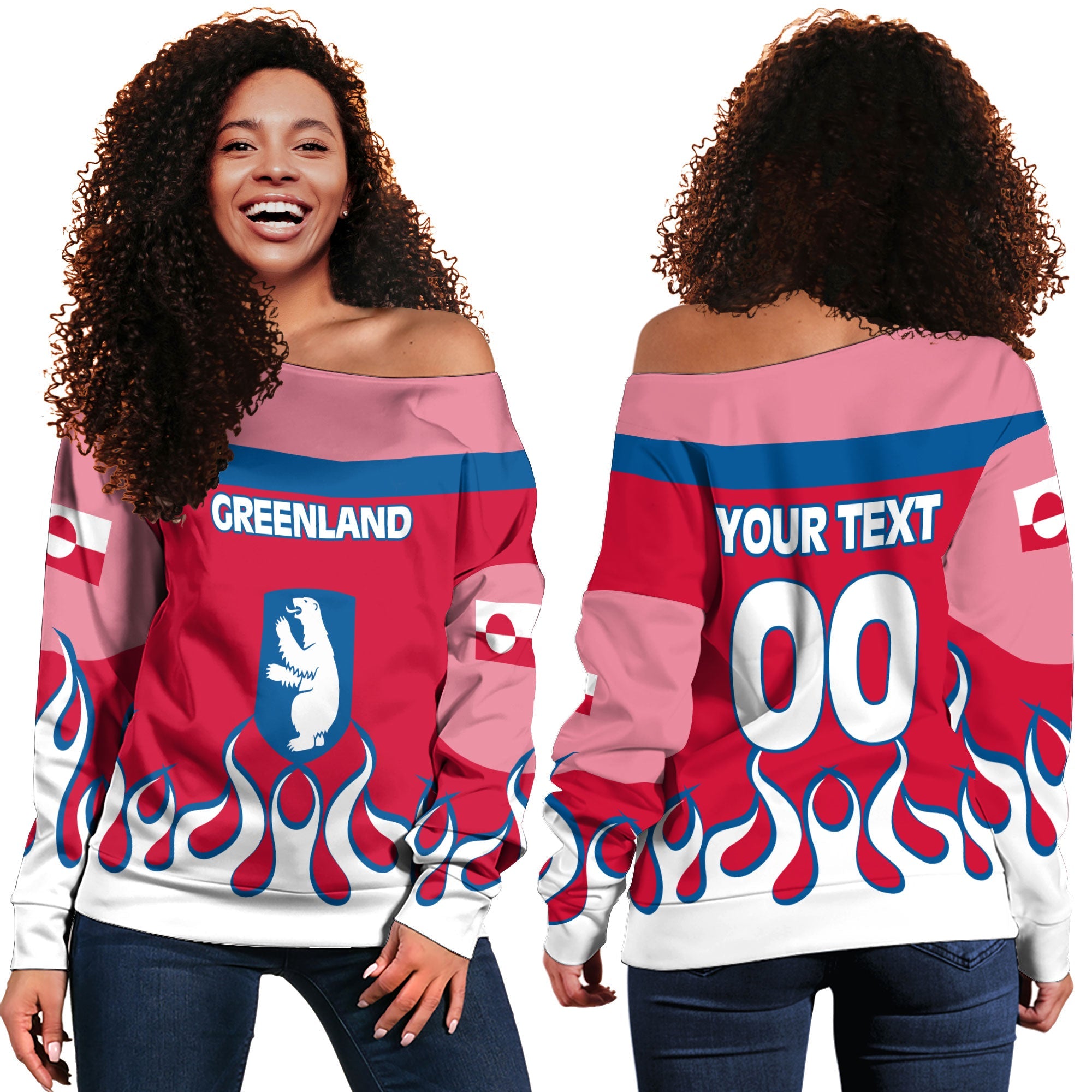 Greenland Women Off Shoulder Sweatshirt Flag & Coat Of Arms Fire Hockey Style