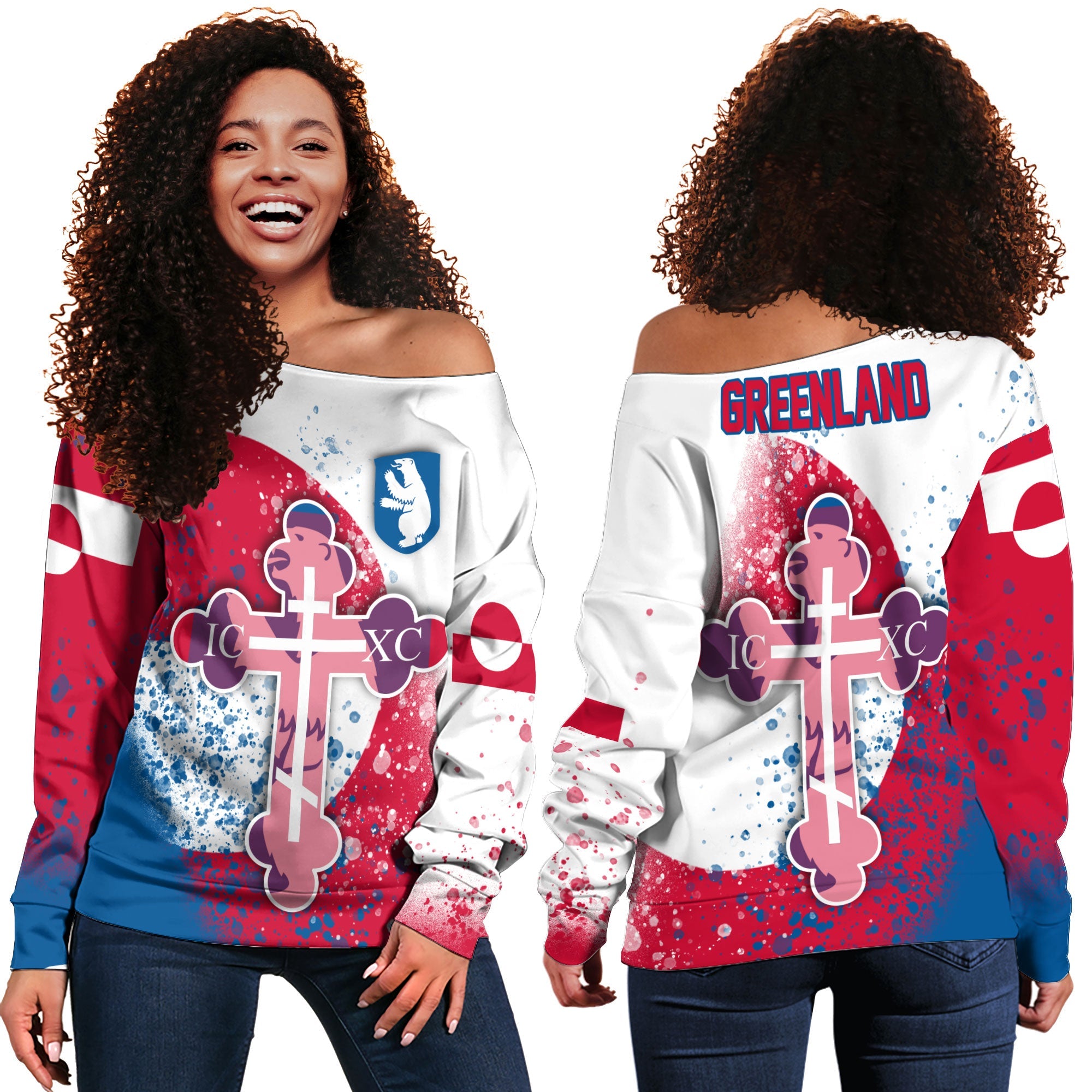 Greenland Women Off Shoulder Sweatshirt Flag & Coat Of Arms Orthodox Style