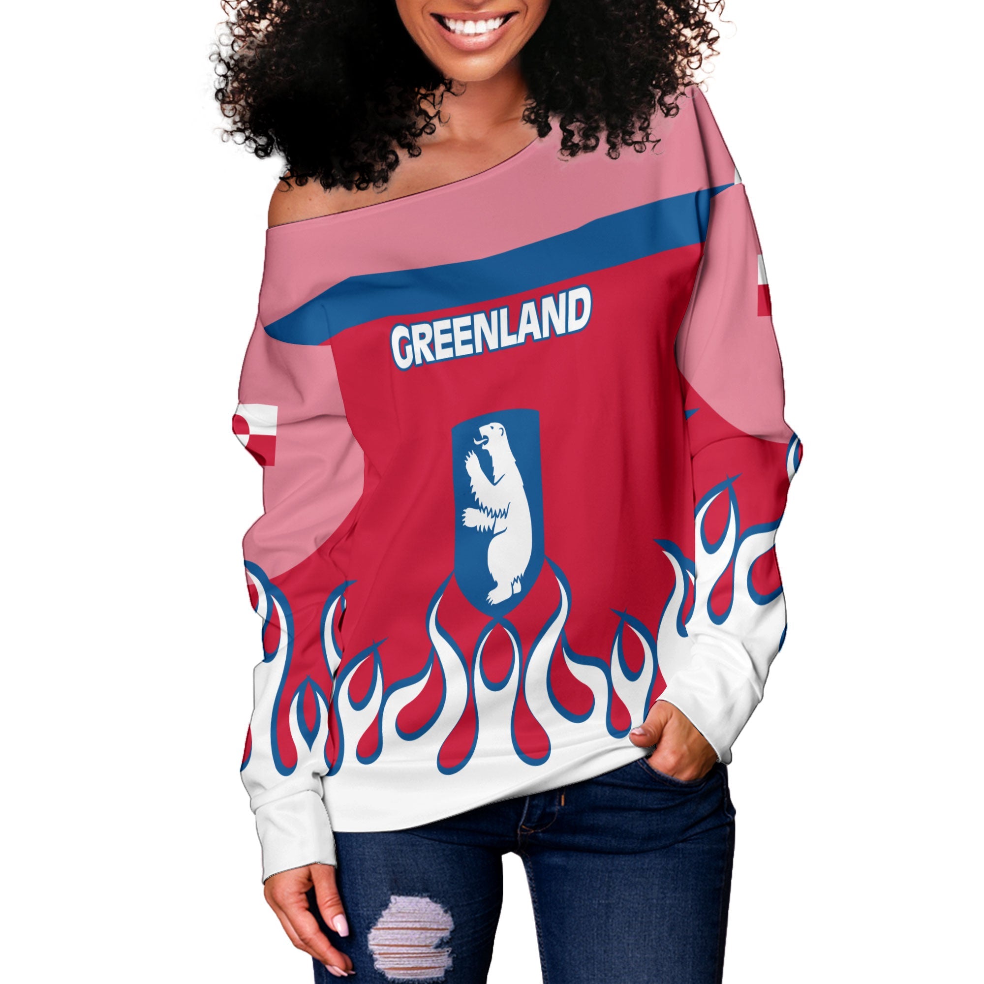 Greenland Women Off Shoulder Sweatshirt Flag & Coat Of Arms Fire Hockey Style