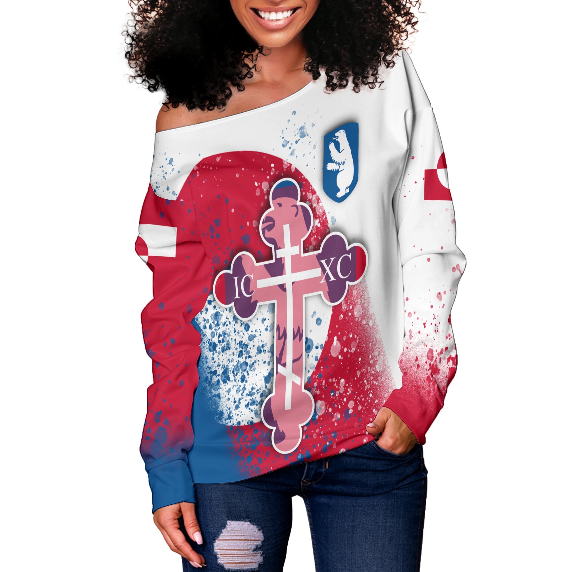 Greenland Women Off Shoulder Sweatshirt Flag & Coat Of Arms Orthodox Style