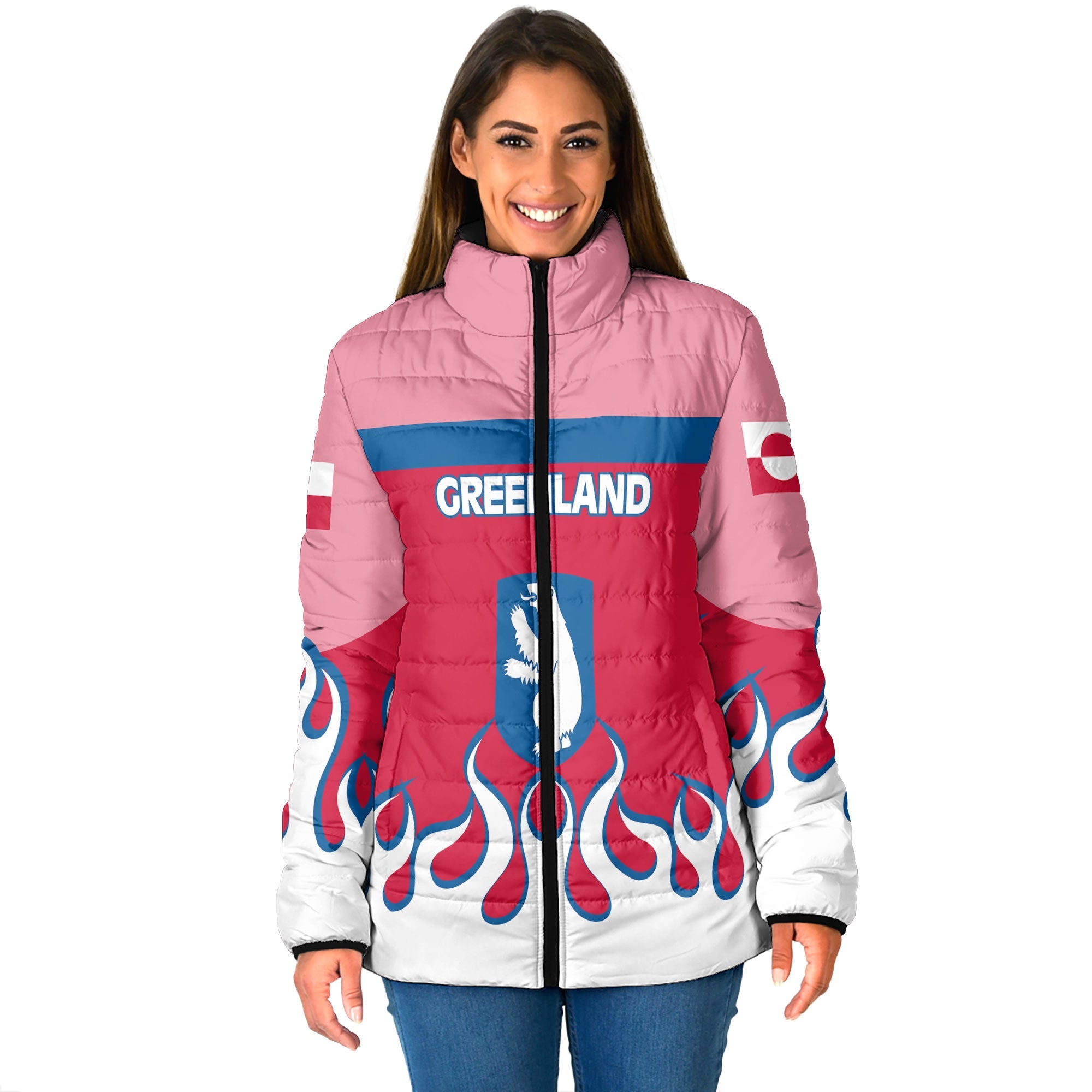 Greenland Women Padded Jacket Flag & Coat Of Arms Fire Hockey Style