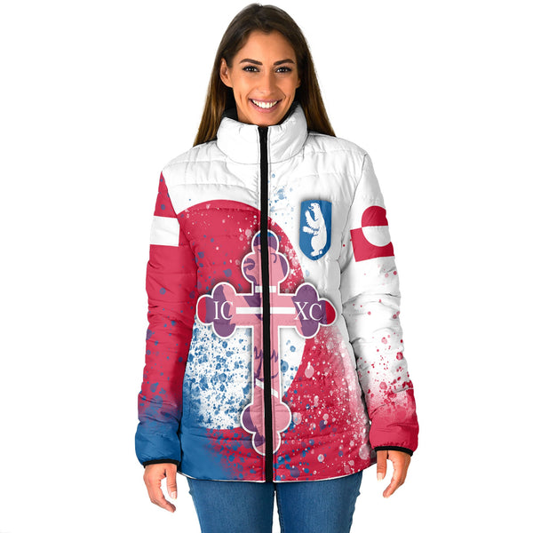 Greenland Women Padded Jacket Flag & Coat Of Arms Orthodox Style