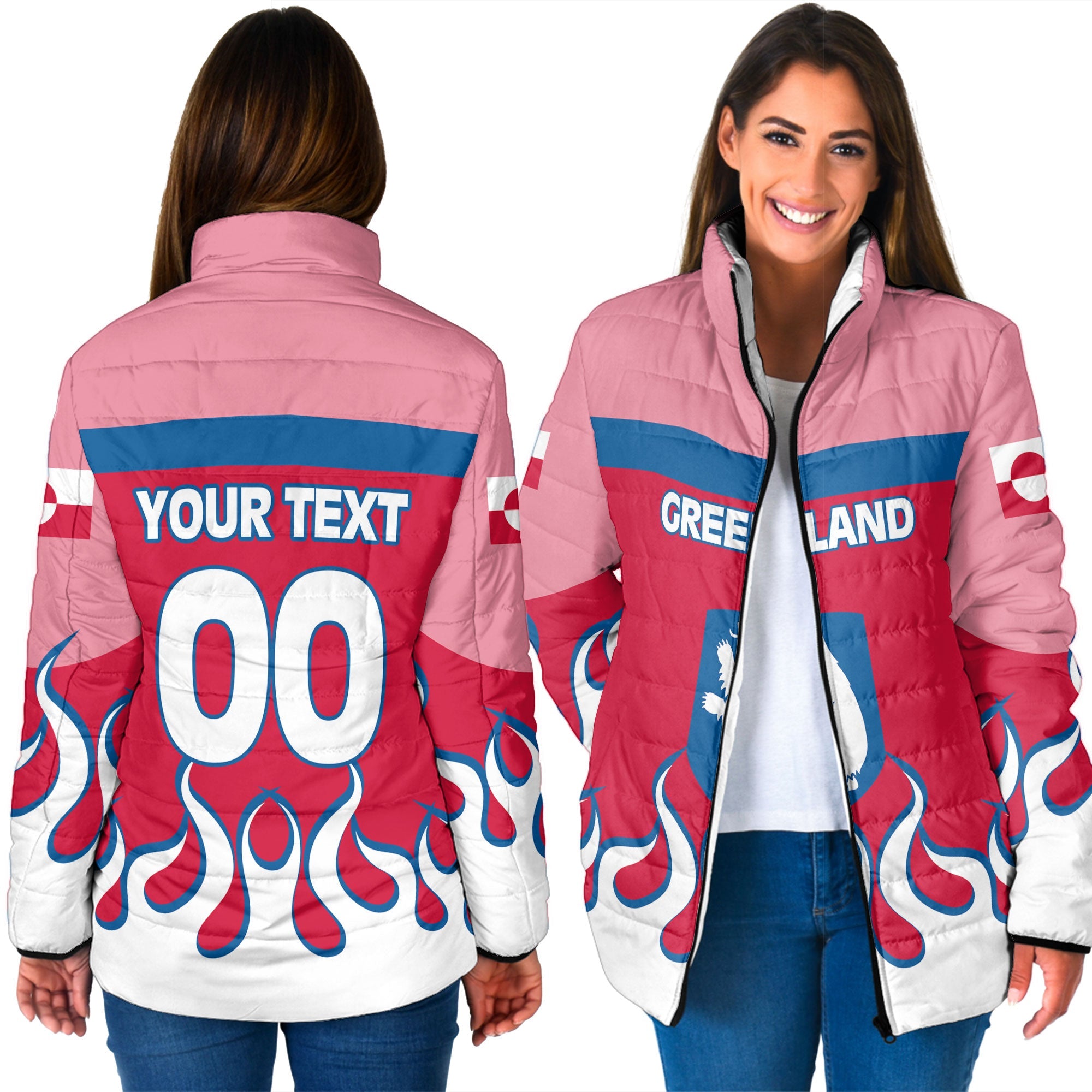 Greenland Women Padded Jacket Flag & Coat Of Arms Fire Hockey Style