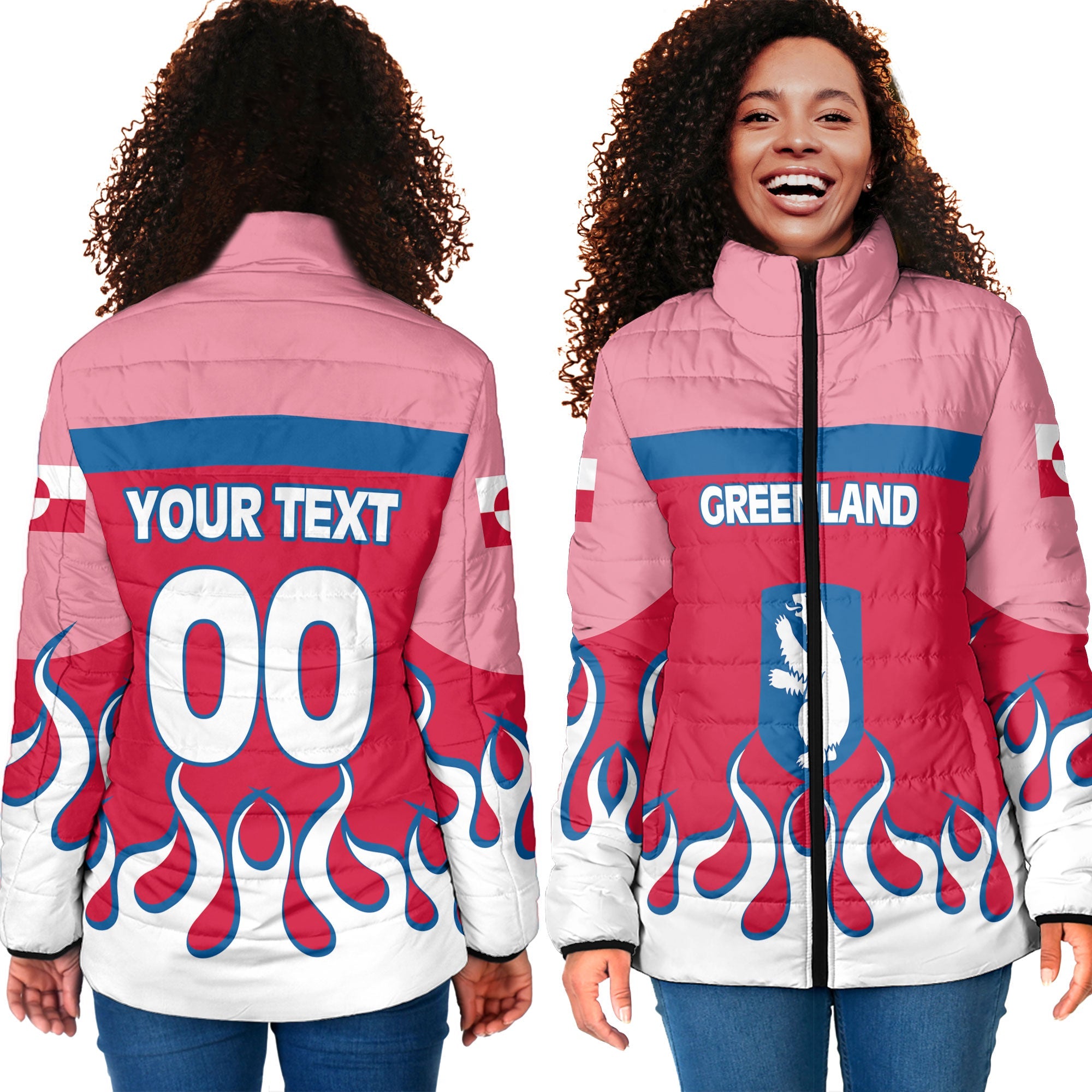 Greenland Women Padded Jacket Flag & Coat Of Arms Fire Hockey Style