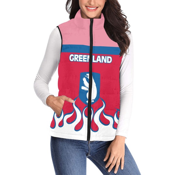 Greenland Women Padded Jacket Vest Flag & Coat Of Arms Fire Hockey Style