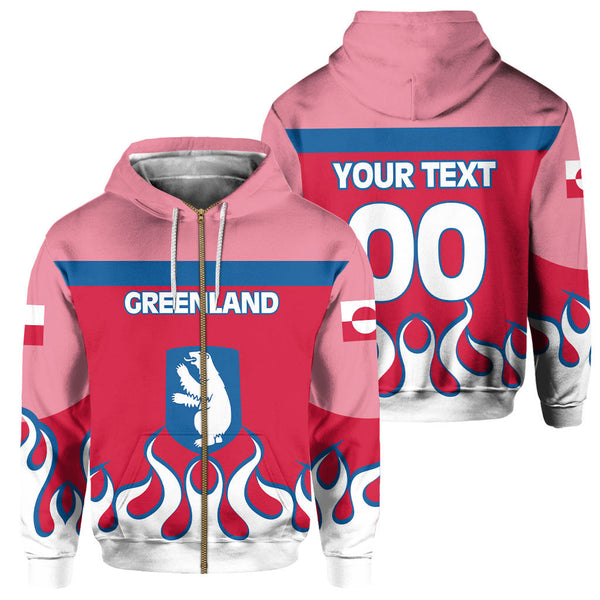 Greenland Zip Hoodie Flag & Coat Of Arms Fire Hockey Style