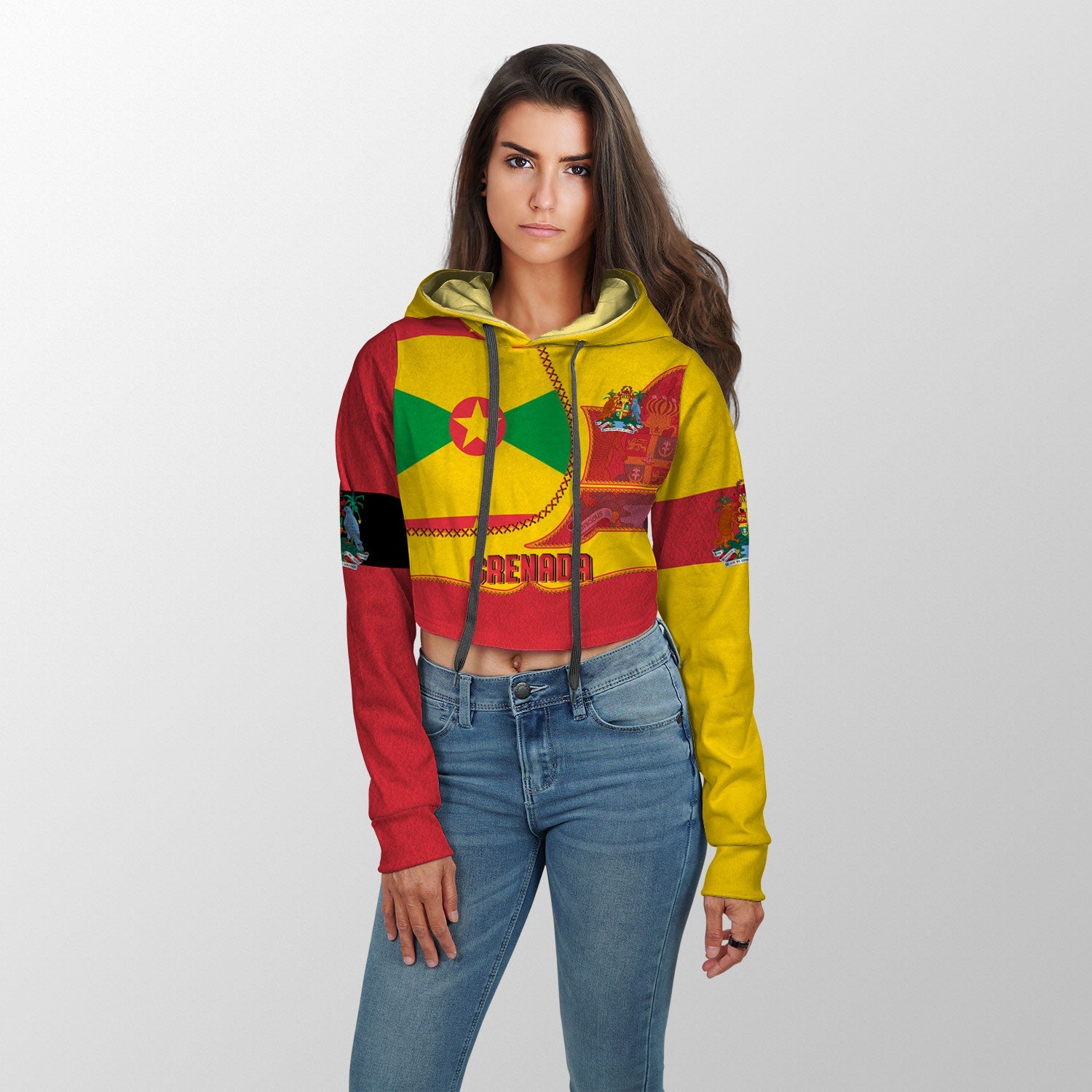 Grenada Crop Hoodie Flag & Coat Of Arms Leather Style