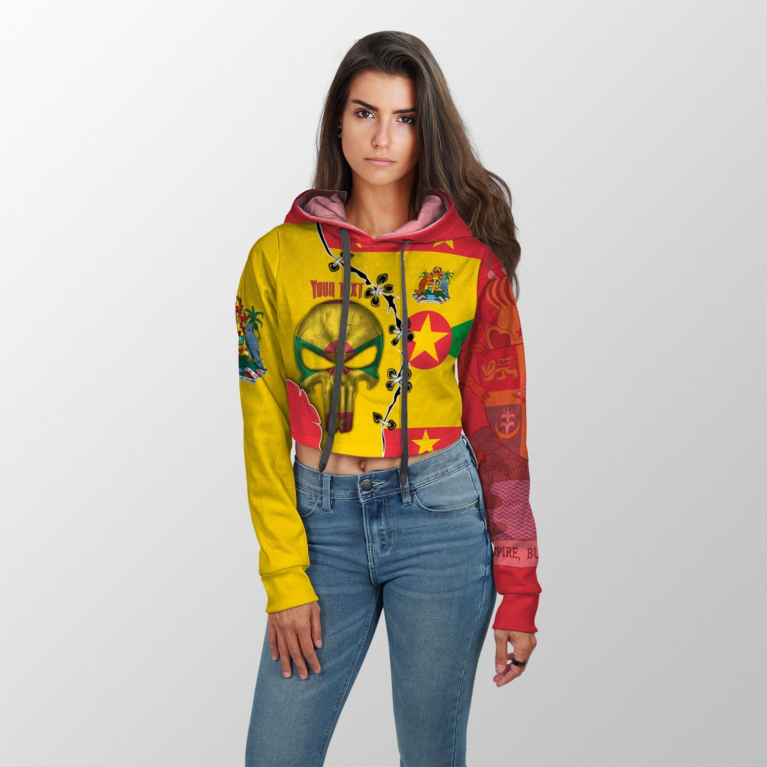 Grenada Crop Hoodie Flag & Coat Of Arms Skull Style