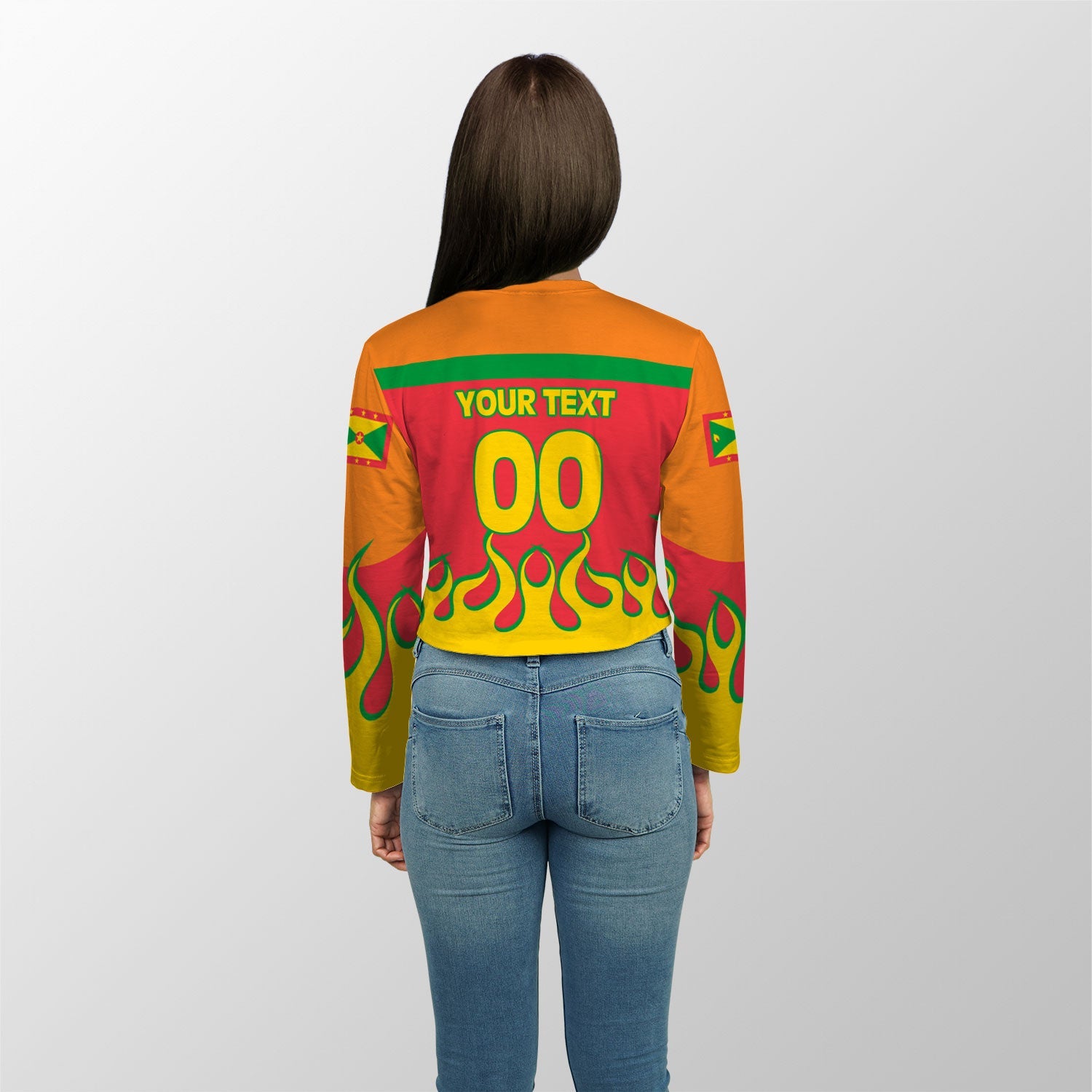 Grenada Crop Top Long TShirt Flag & Coat Of Arms Fire Hockey Style