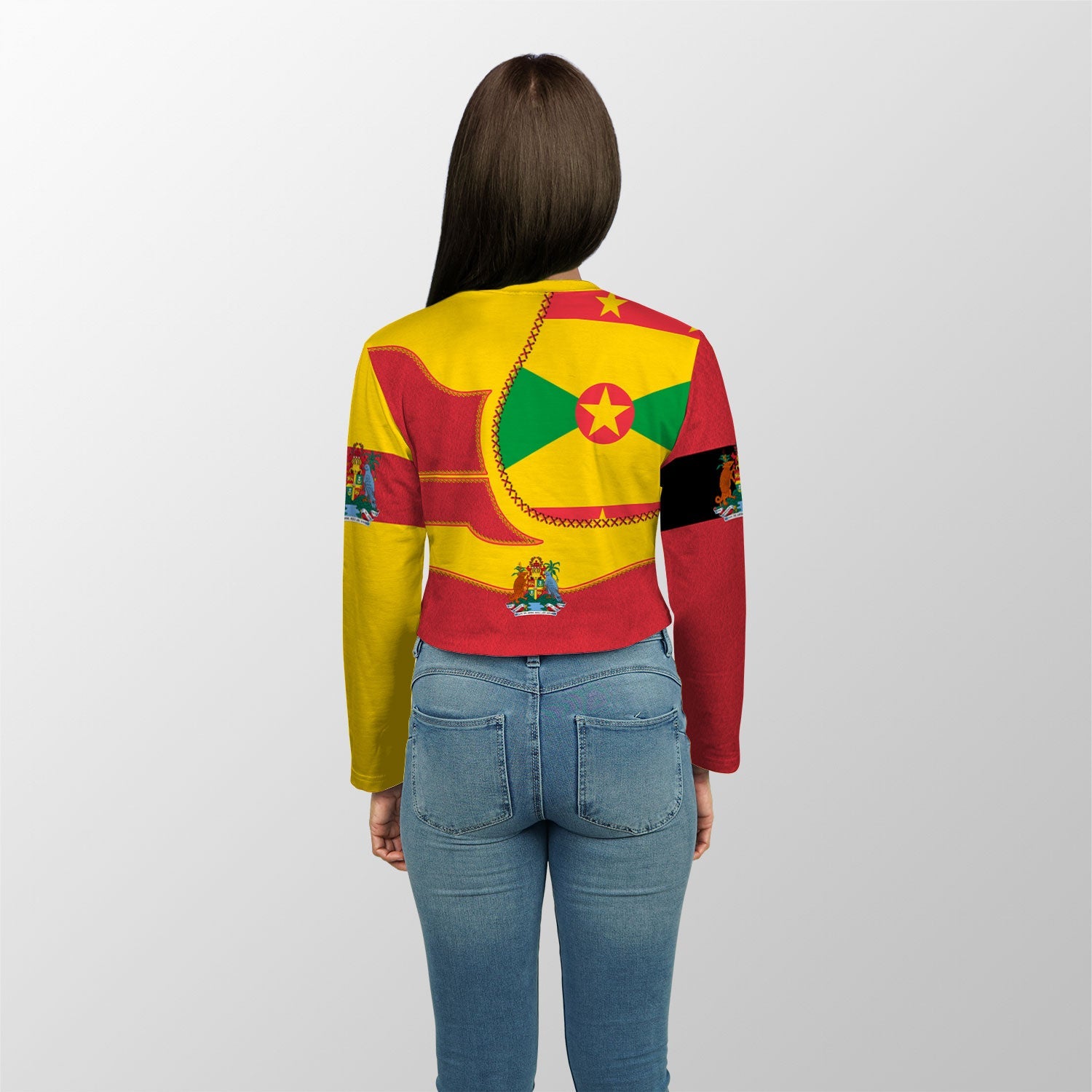 Grenada Crop Top Long T Shirt Flag & Coat Of Arms Leather Style