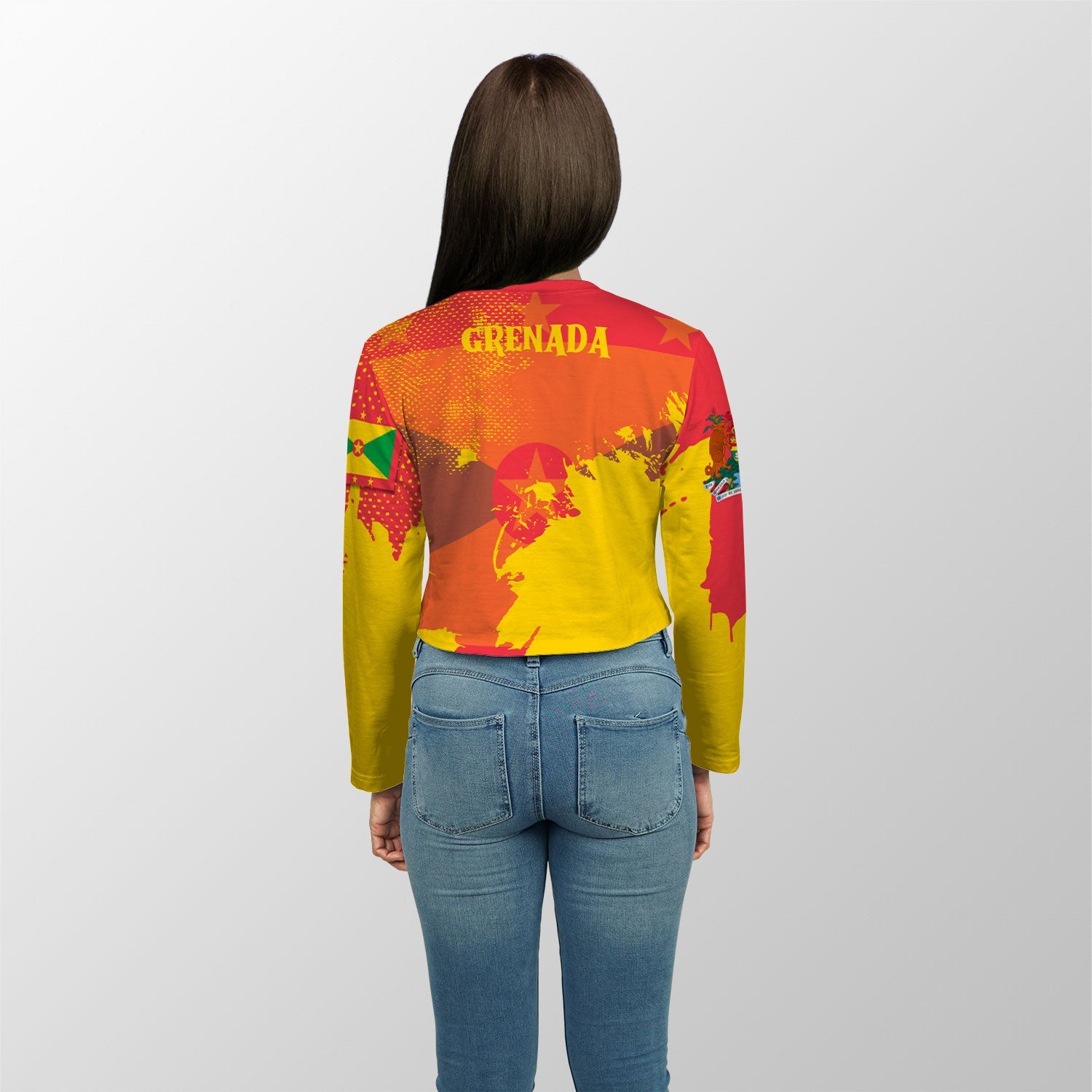 Grenada Crop Top Long T Shirt Flag & Coat Of Arms Paint Style