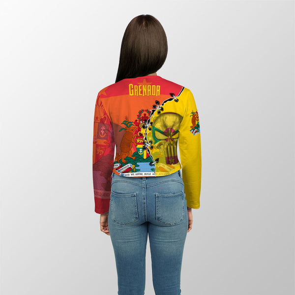 Grenada Crop Top Long TShirt Flag & Coat Of Arms Skull Style