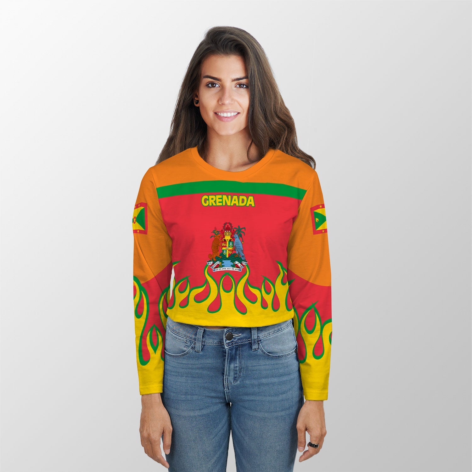 Grenada Crop Top Long TShirt Flag & Coat Of Arms Fire Hockey Style