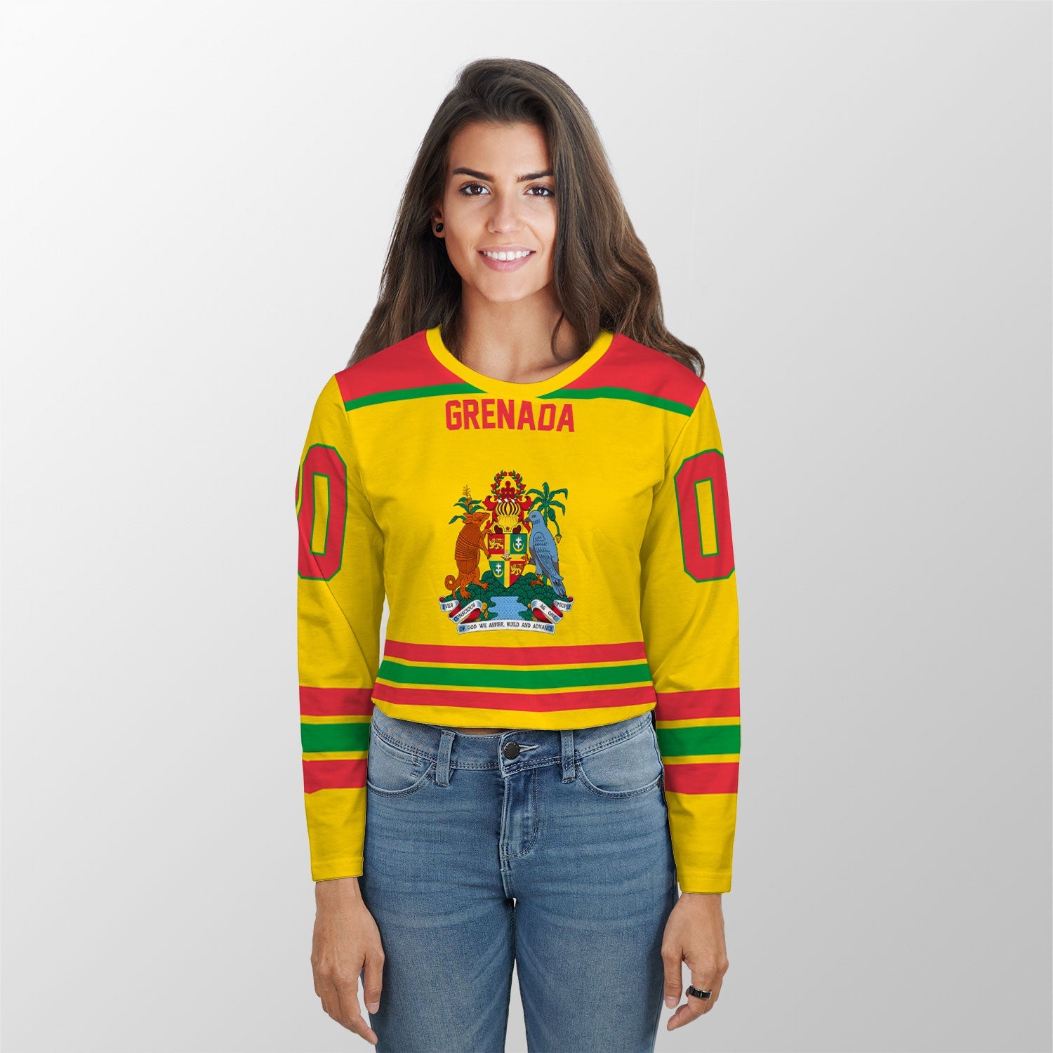 Grenada Crop Top Long T Shirt Flag & Coat Of Arms Hockey Style