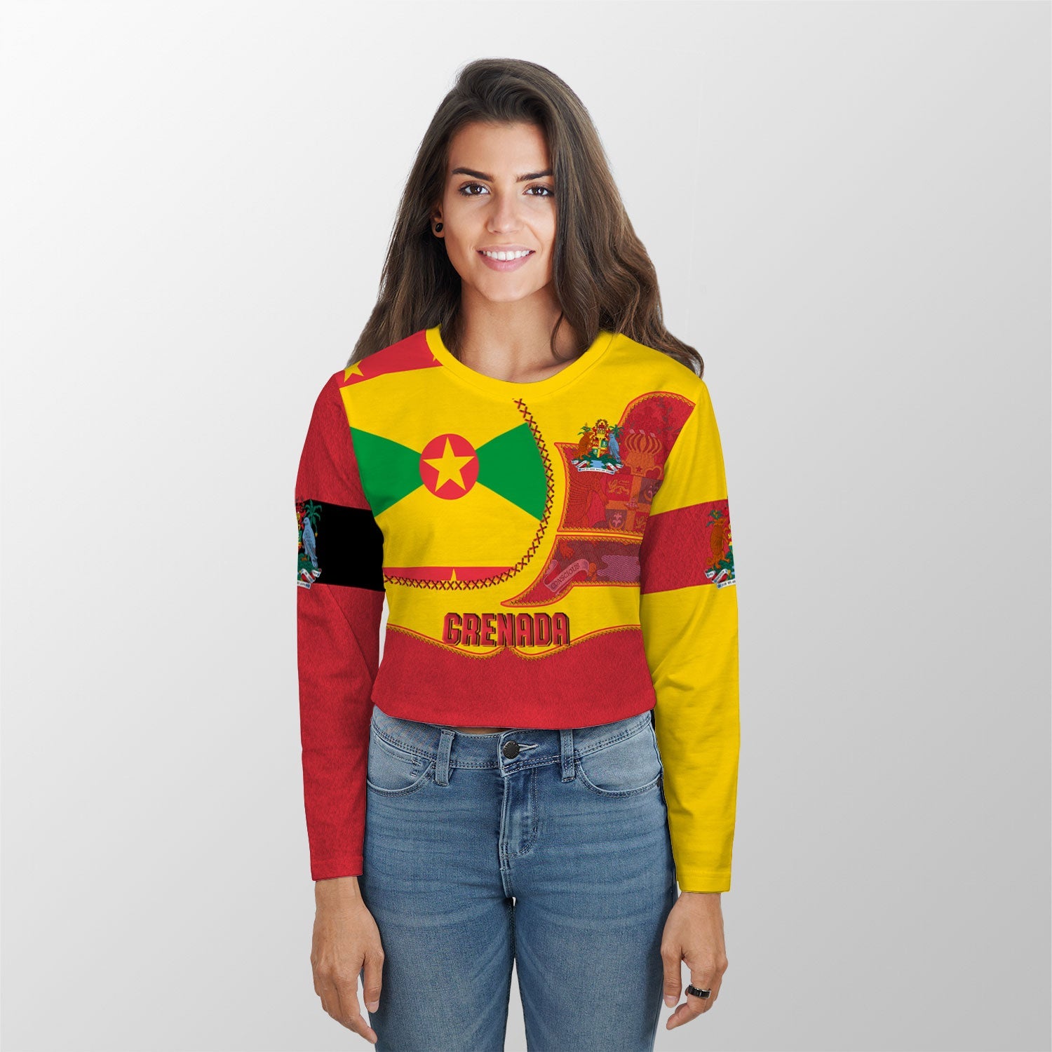 Grenada Crop Top Long T Shirt Flag & Coat Of Arms Leather Style