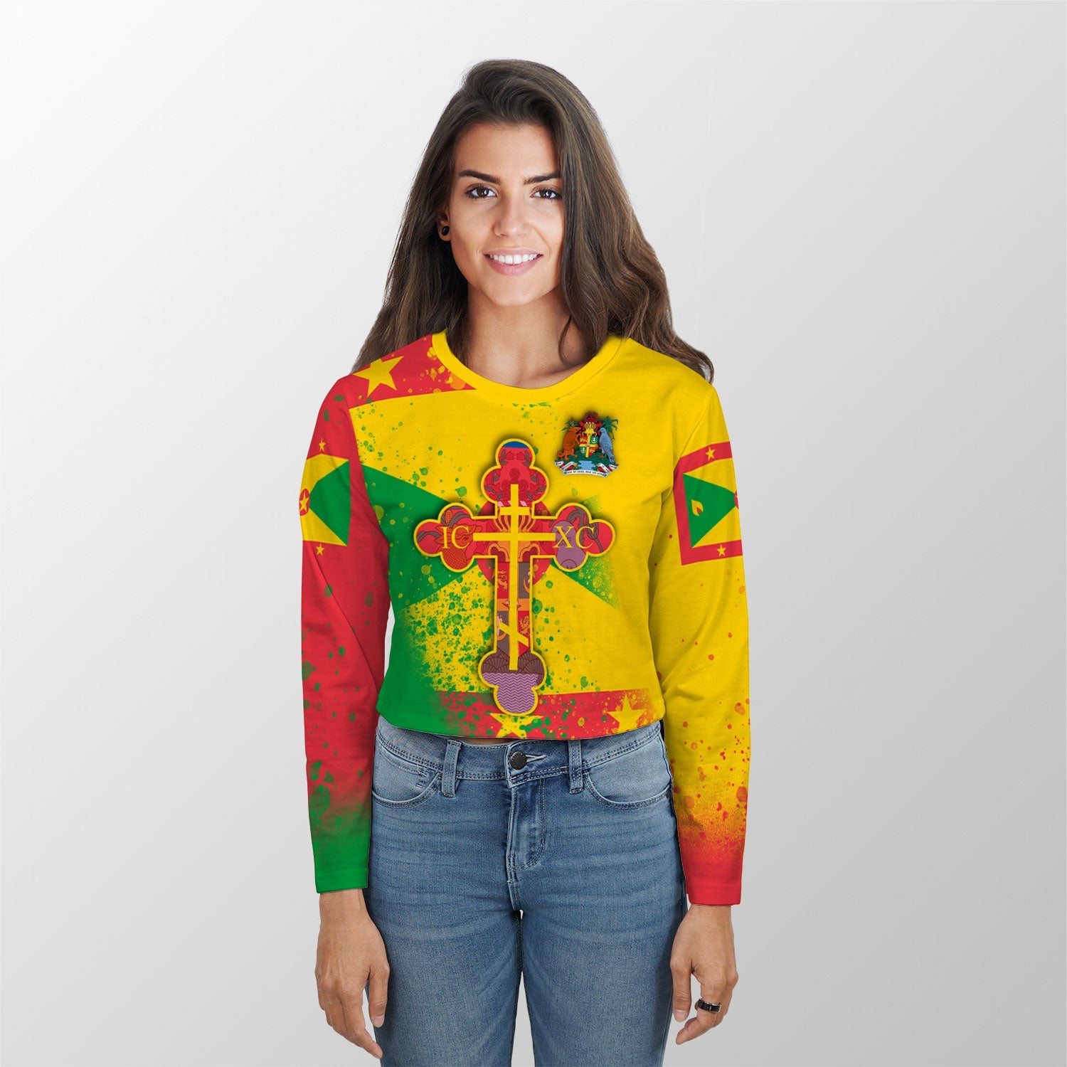 Grenada Crop Top Long TShirt Flag & Coat Of Arms Orthodox Style