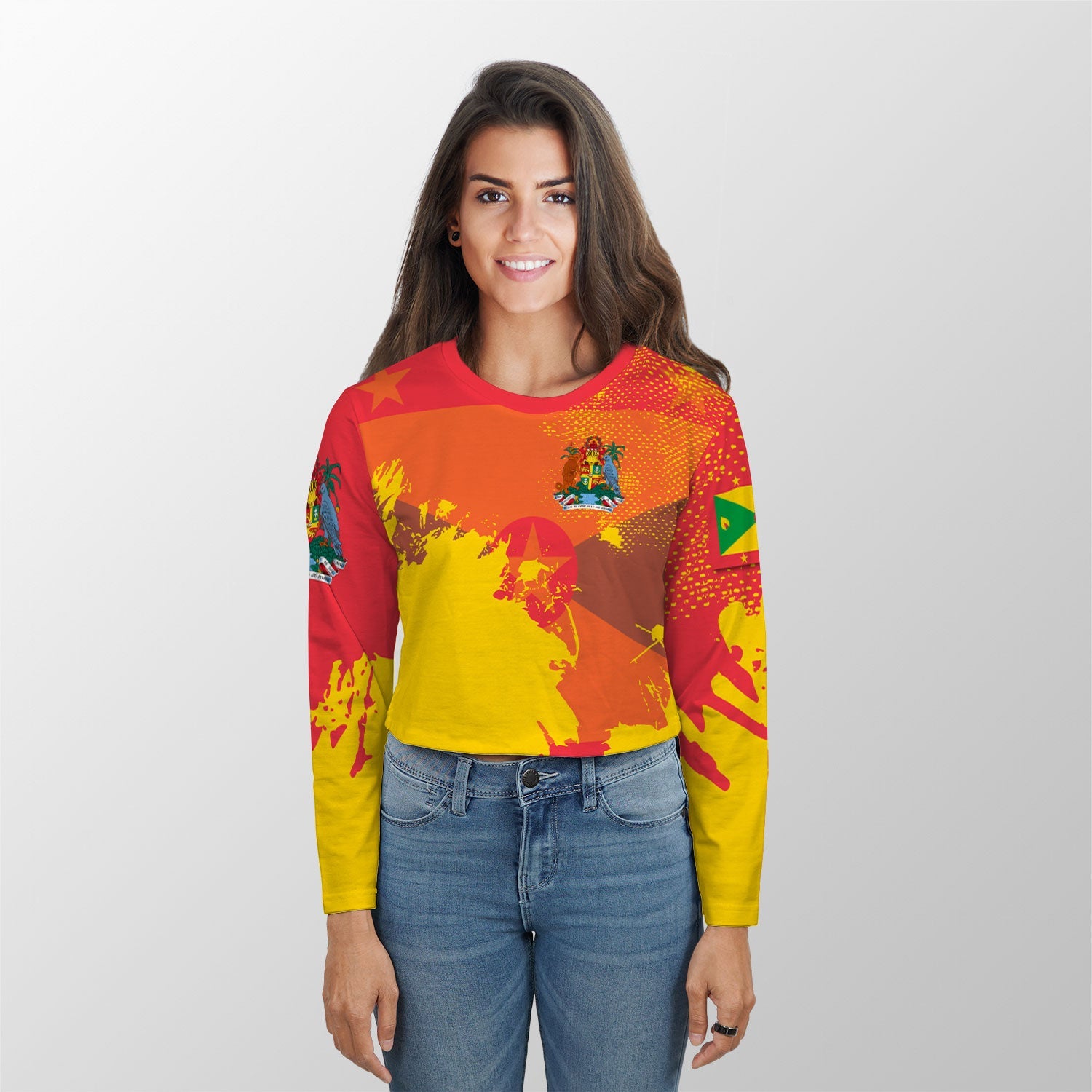 Grenada Crop Top Long T Shirt Flag & Coat Of Arms Paint Style