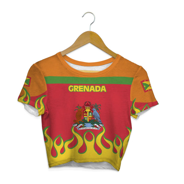 Grenada Crop Top T Shirt Flag & Coat Of Arms Fire Hockey Style